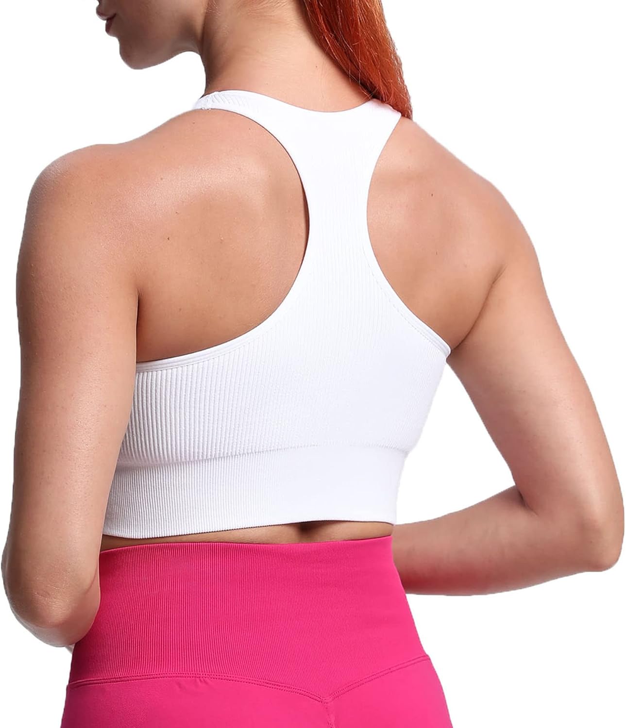 Aoxjox Womens Workout Ribbed Seamless Sports Bras Fitness Running Yoga Crop Tank TopE White