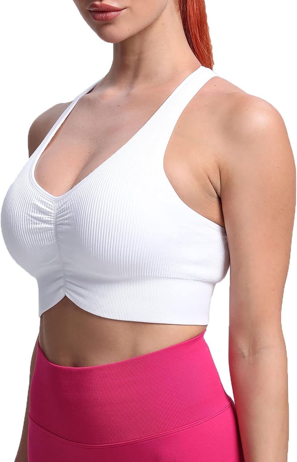 Aoxjox Womens Workout Ribbed Seamless Sports Bras Fitness Running Yoga Crop Tank TopE White