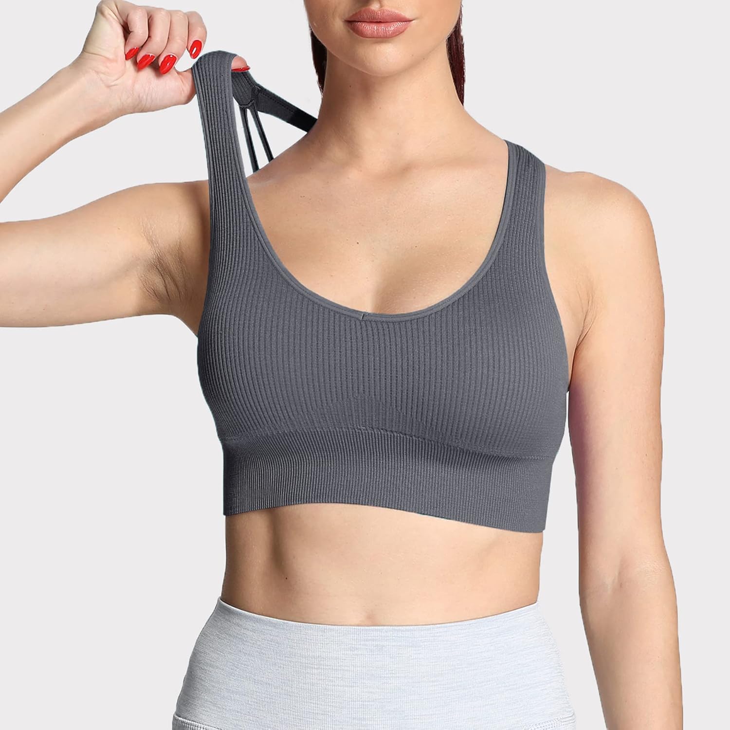 Aoxjox Womens Workout Ribbed Seamless Sports Bras Fitness Running Yoga Crop Tank TopIron Grey