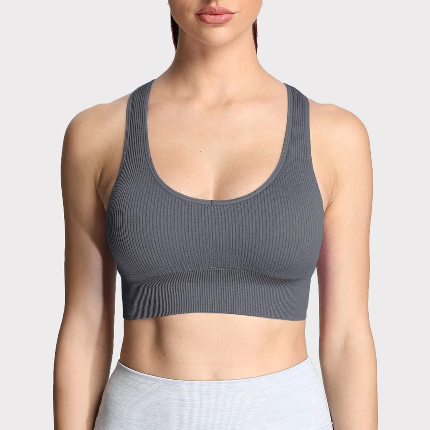 Aoxjox Womens Workout Ribbed Seamless Sports Bras Fitness Running Yoga Crop Tank TopIron Grey