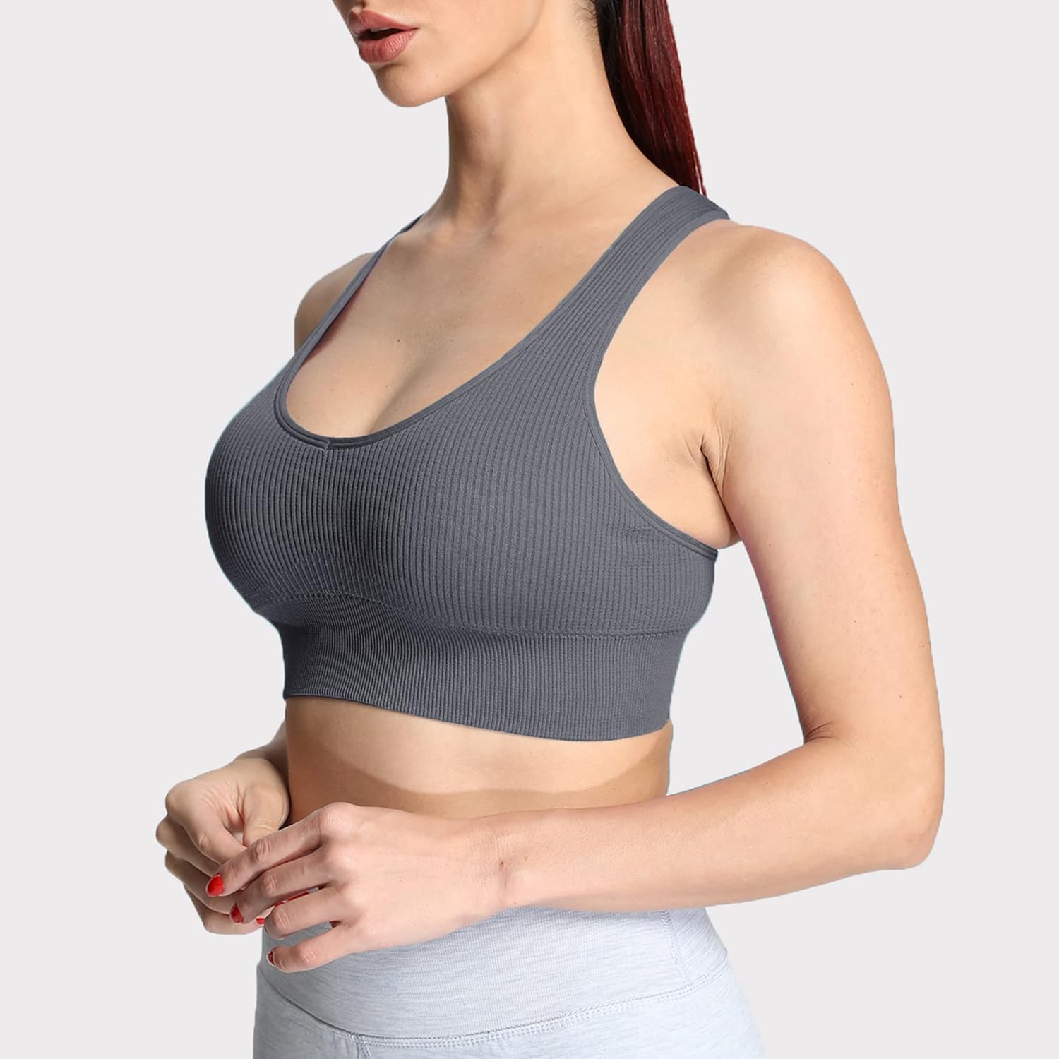 Aoxjox Womens Workout Ribbed Seamless Sports Bras Fitness Running Yoga Crop Tank TopIron Grey