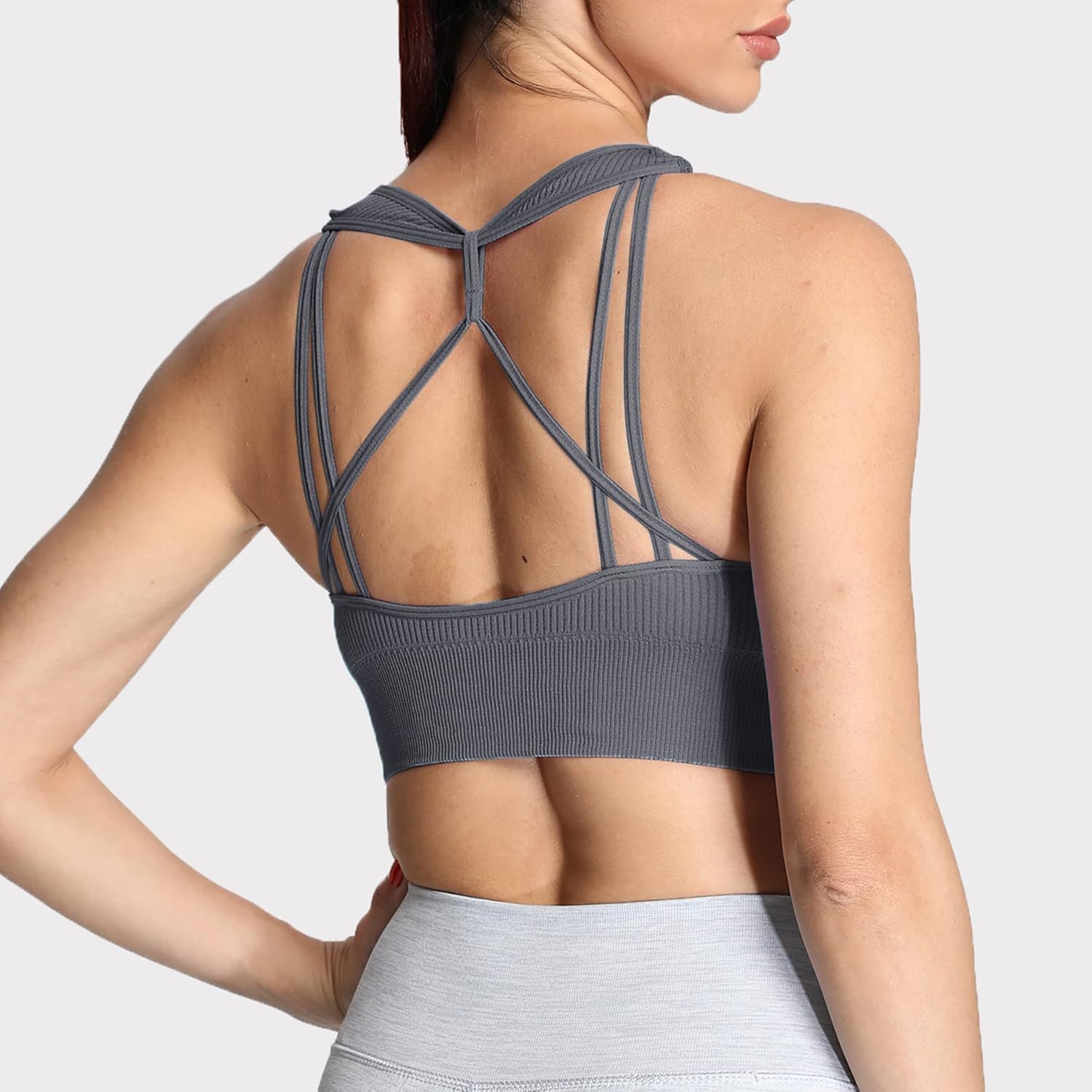 Aoxjox Womens Workout Ribbed Seamless Sports Bras Fitness Running Yoga Crop Tank TopIron Grey