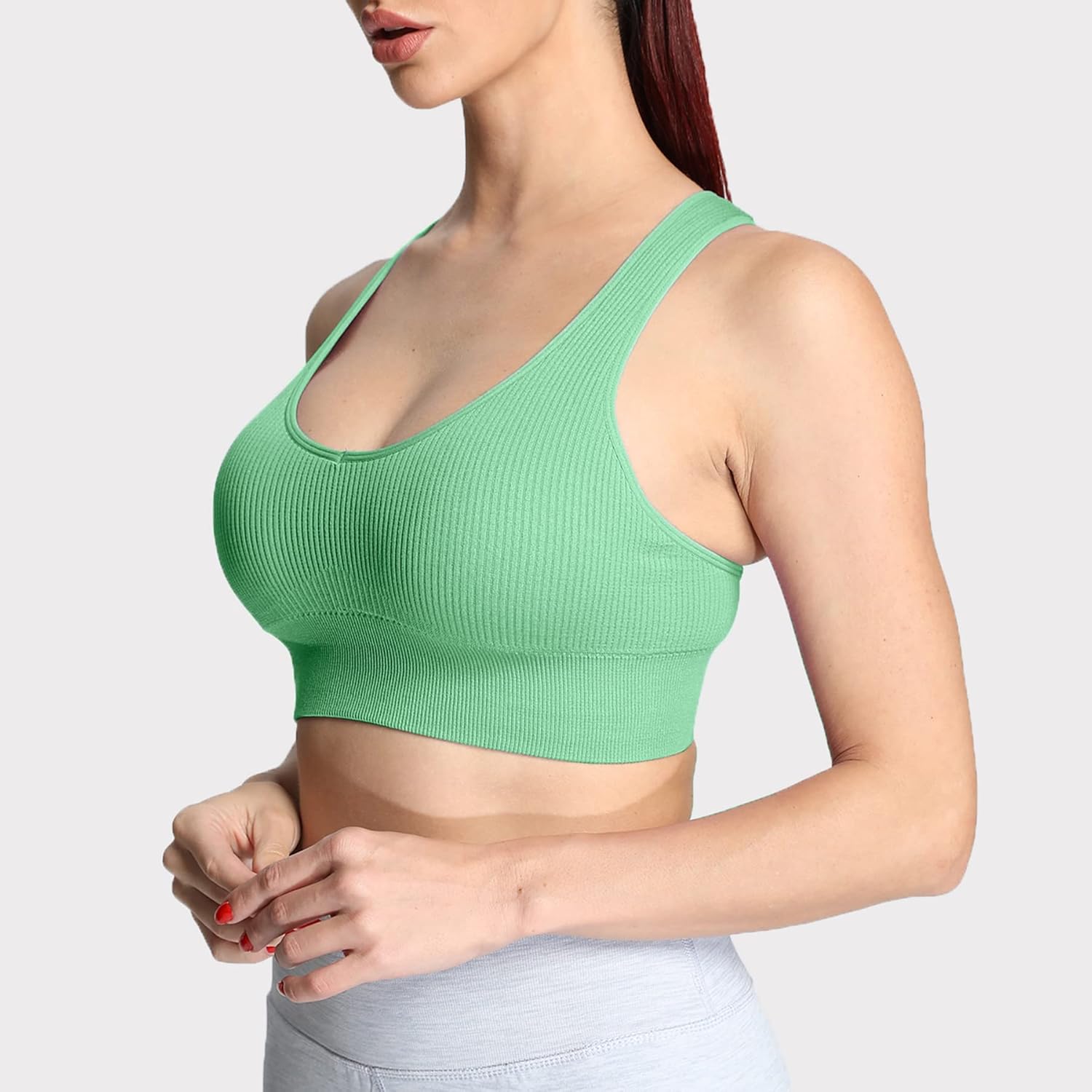 Aoxjox Womens Workout Ribbed Seamless Sports Bras Fitness Running Yoga Crop Tank TopMineral Green