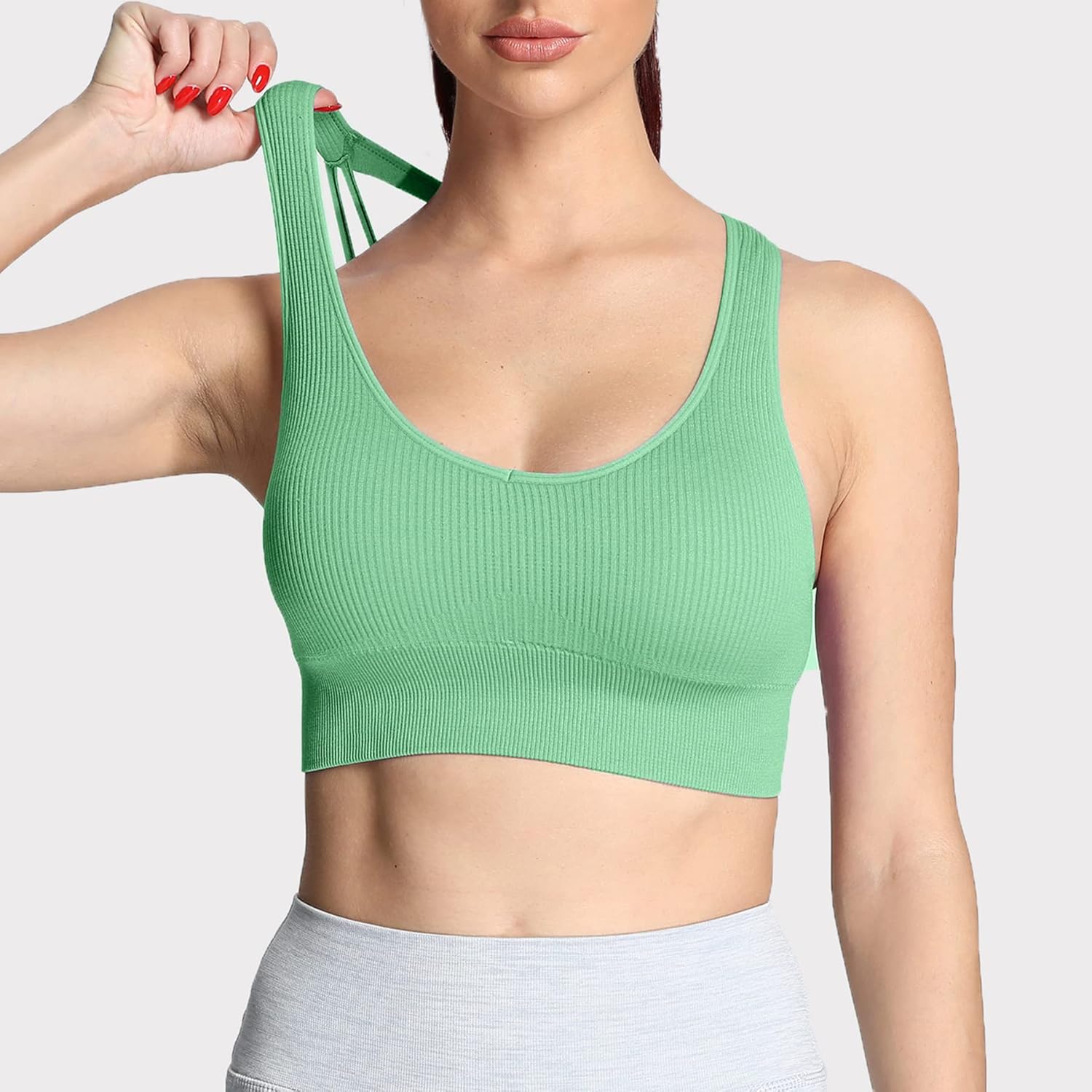 Aoxjox Womens Workout Ribbed Seamless Sports Bras Fitness Running Yoga Crop Tank TopMineral Green