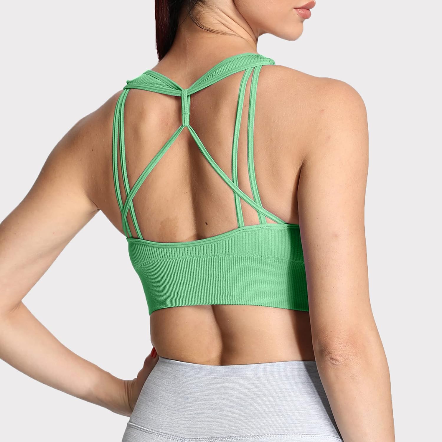 Aoxjox Womens Workout Ribbed Seamless Sports Bras Fitness Running Yoga Crop Tank TopMineral Green