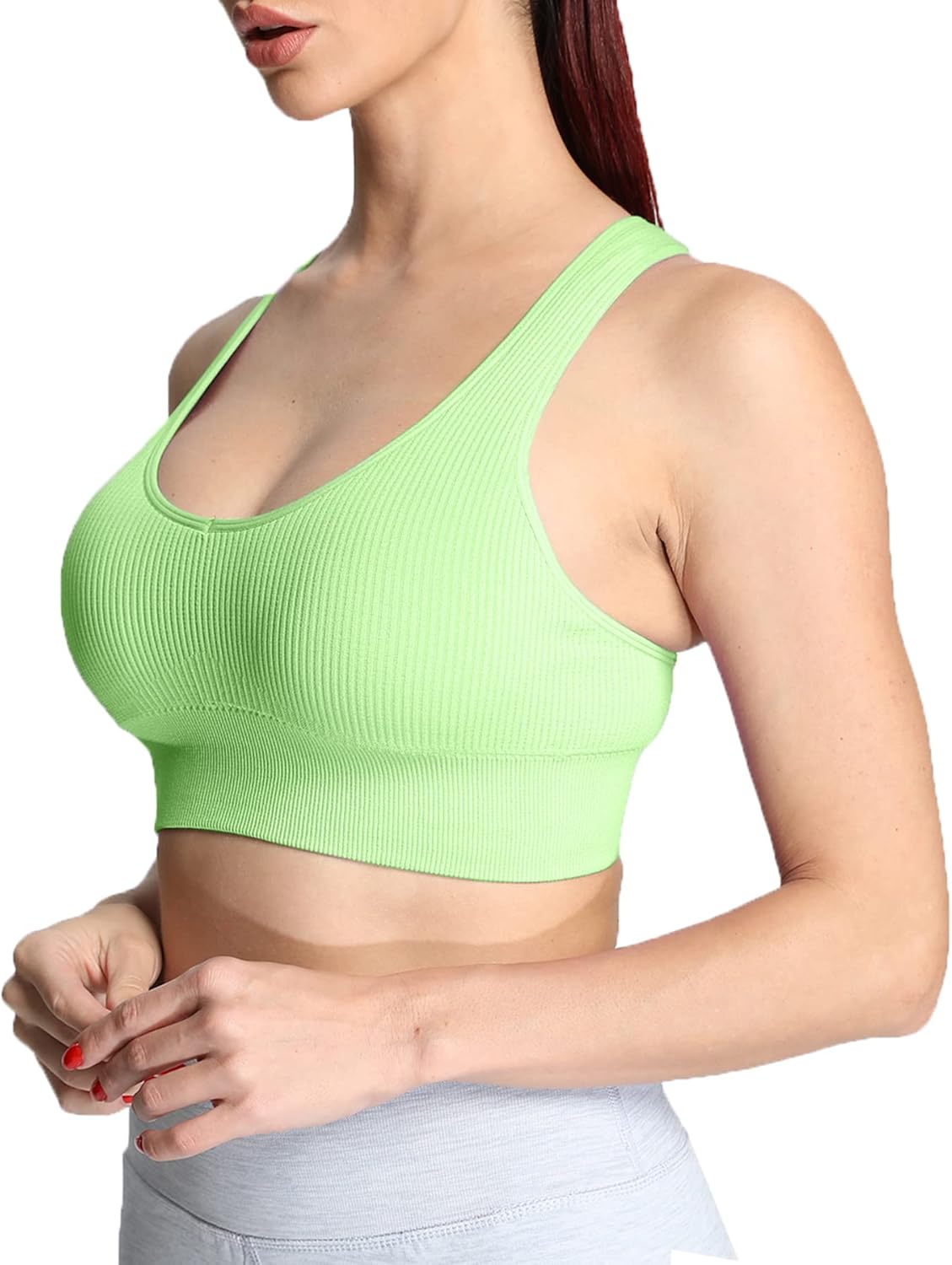 Aoxjox Womens Workout Ribbed Seamless Sports Bras Fitness Running Yoga Crop Tank TopParadise Green
