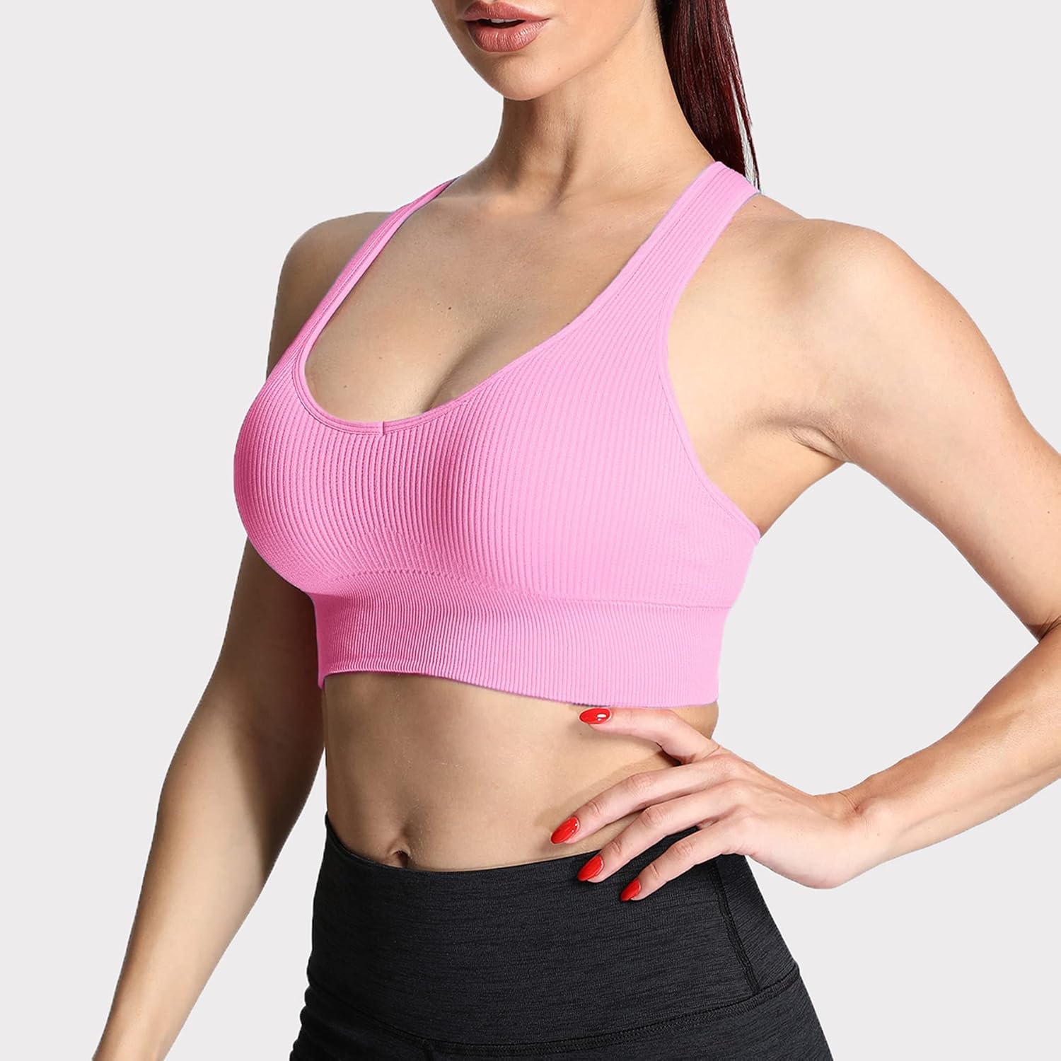 Aoxjox Womens Workout Ribbed Seamless Sports Bras Fitness Running Yoga Crop Tank TopPink