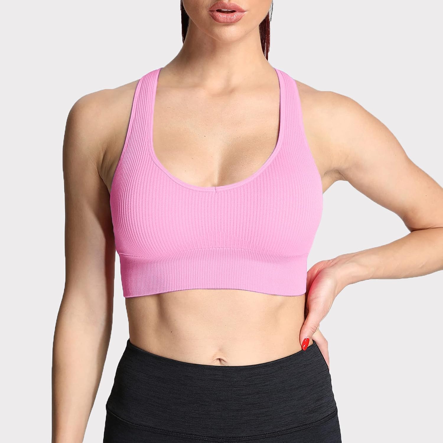Aoxjox Womens Workout Ribbed Seamless Sports Bras Fitness Running Yoga Crop Tank TopPink