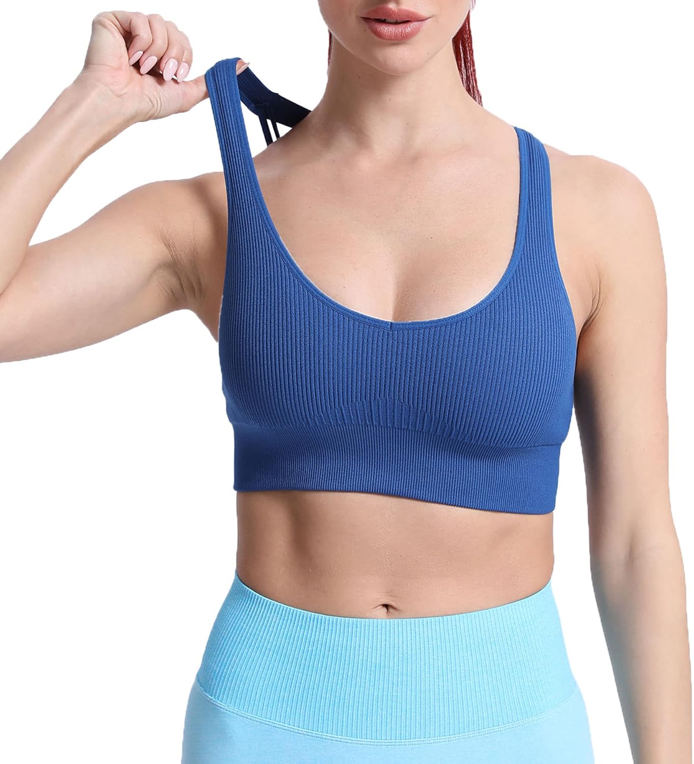 Aoxjox Womens Workout Ribbed Seamless Sports Bras Fitness Running Yoga Crop Tank TopSet Sail Blue