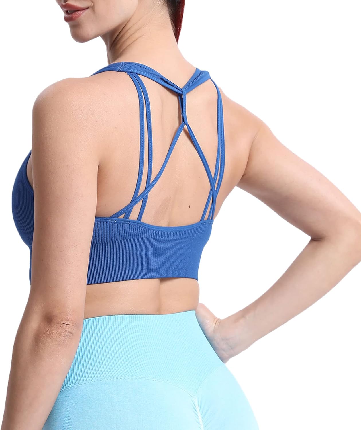 Aoxjox Womens Workout Ribbed Seamless Sports Bras Fitness Running Yoga Crop Tank TopSet Sail Blue