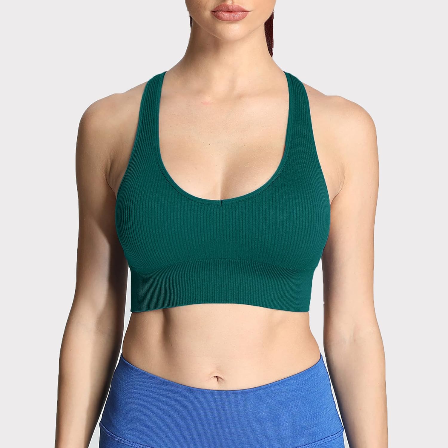 Aoxjox Womens Workout Ribbed Seamless Sports Bras Fitness Running Yoga Crop Tank TopStorm Green