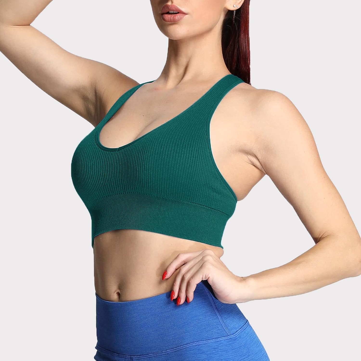 Aoxjox Womens Workout Ribbed Seamless Sports Bras Fitness Running Yoga Crop Tank TopStorm Green