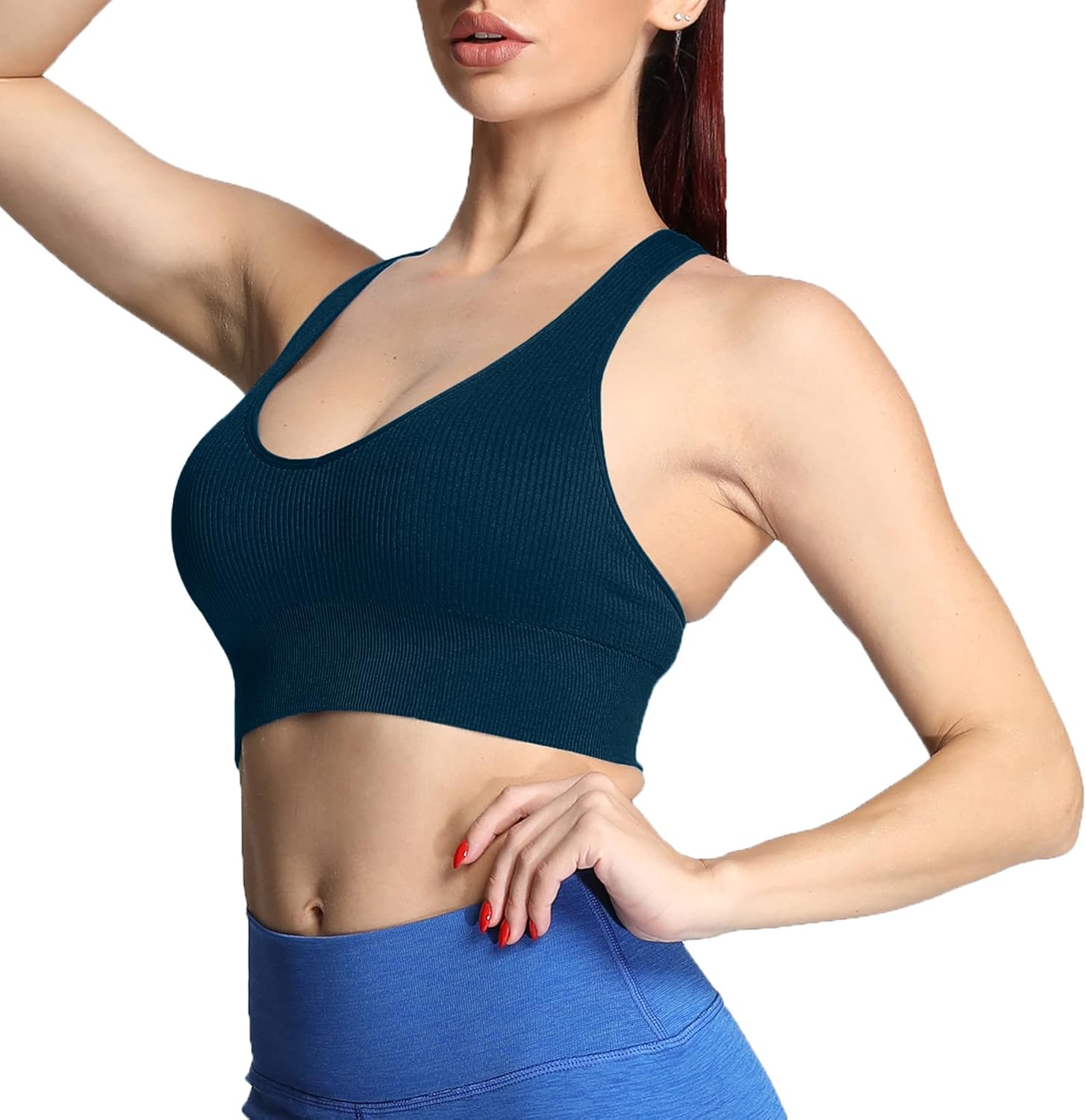 Aoxjox Womens Workout Ribbed Seamless Sports Bras Fitness Running Yoga Crop Tank TopStratified Sea
