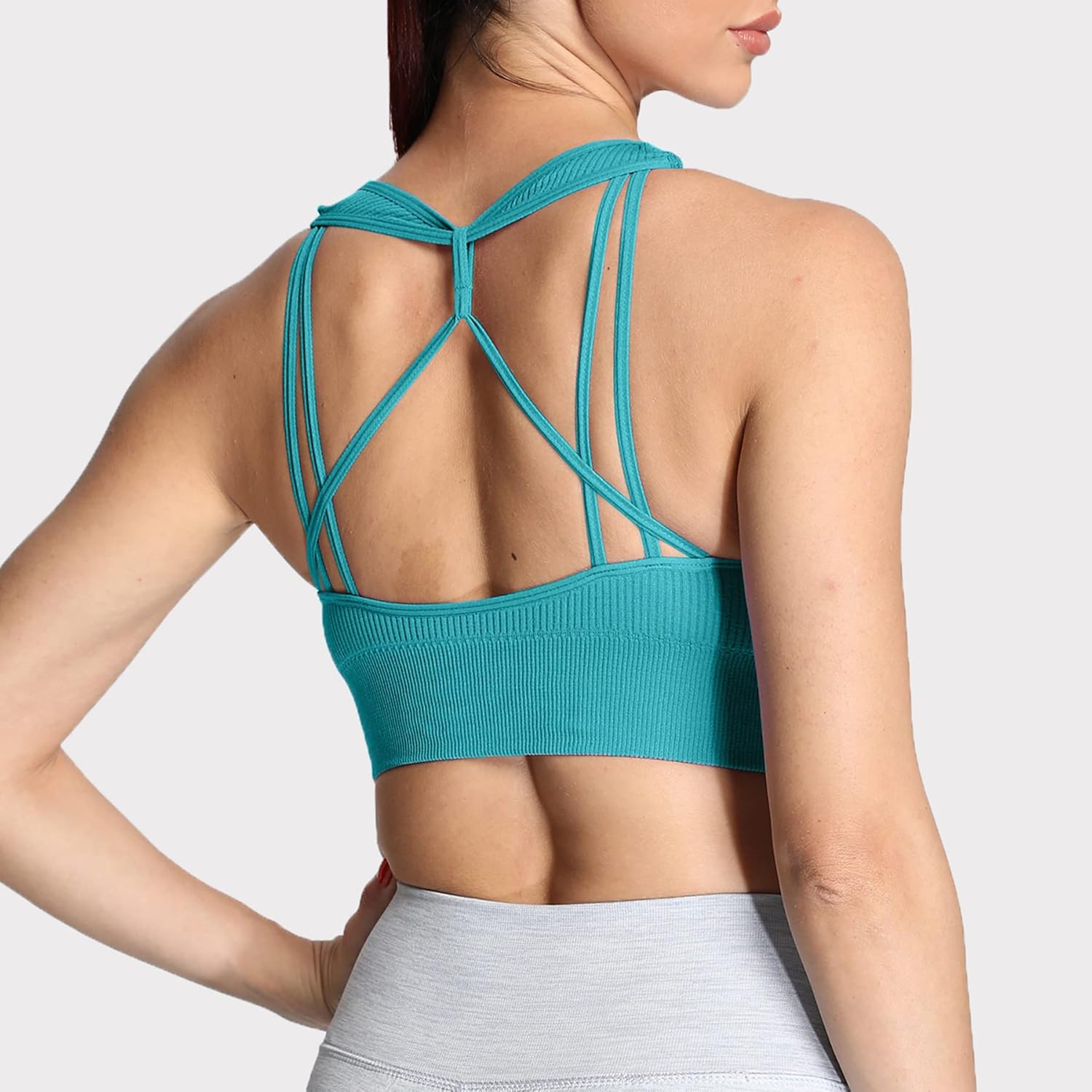 Aoxjox Womens Workout Ribbed Seamless Sports Bras Fitness Running Yoga Crop Tank TopTeal