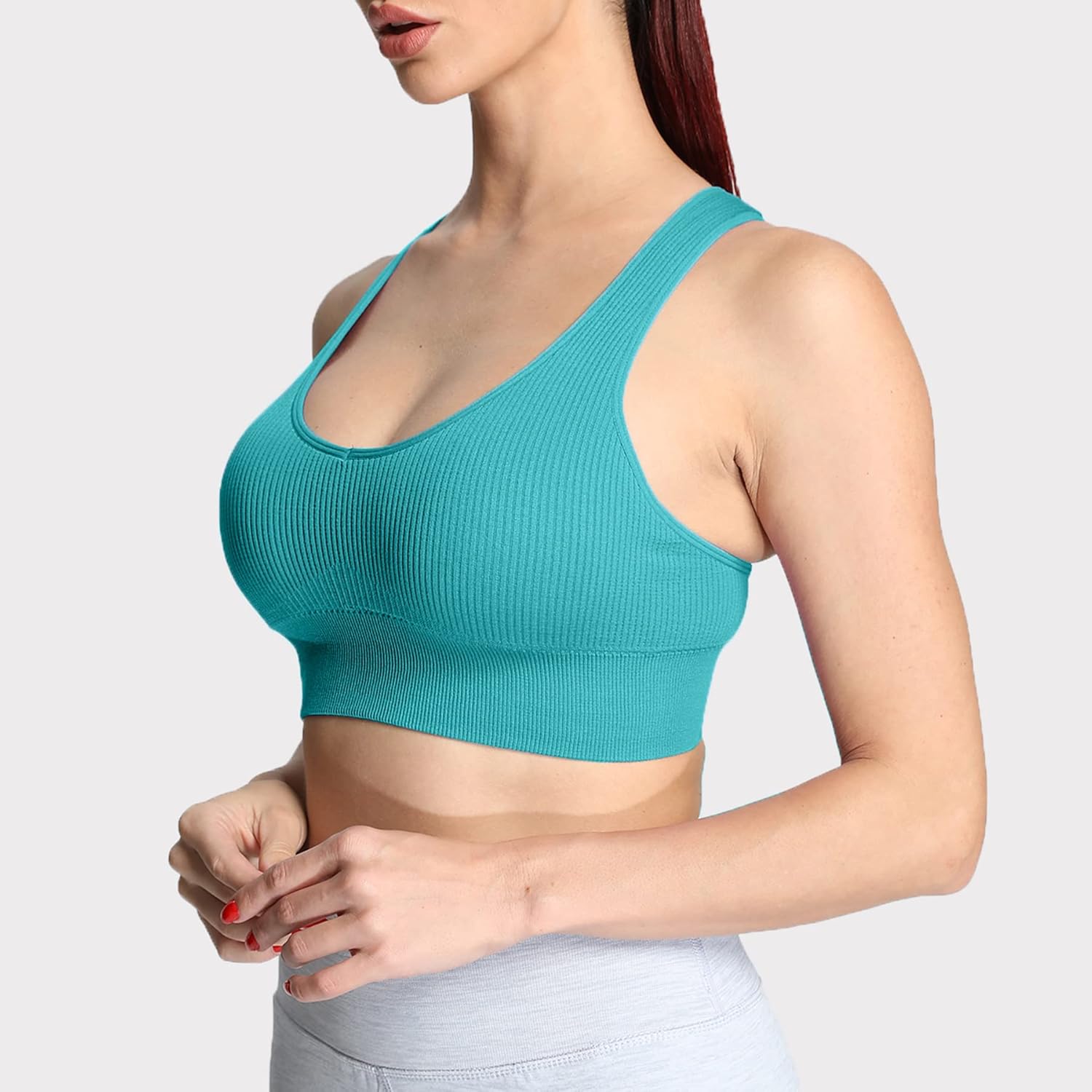 Aoxjox Womens Workout Ribbed Seamless Sports Bras Fitness Running Yoga Crop Tank TopTeal