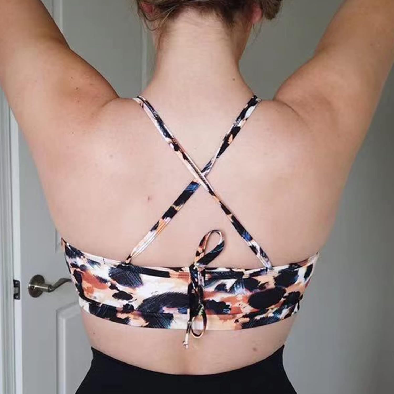 Aoxjox Womens Workout Sports Bras Fitness Backless Padded Cassie Convertible Strappy Bra Yoga Crop Tank TopBlack Orange Leopard