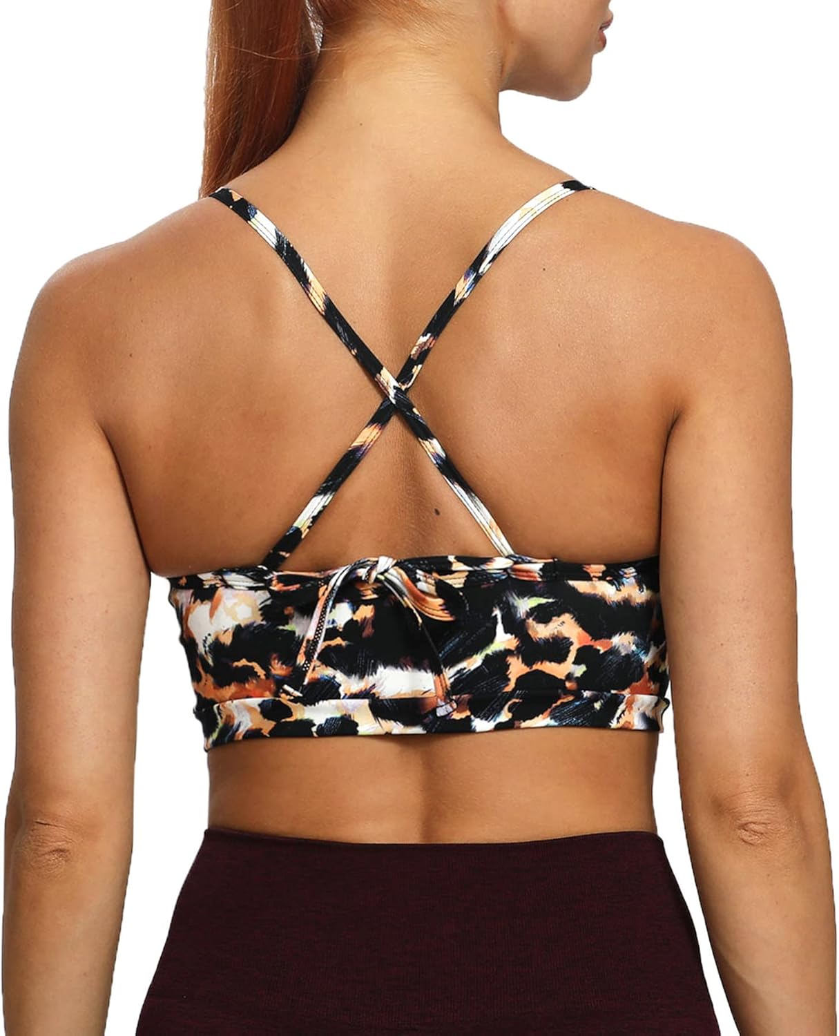 Aoxjox Womens Workout Sports Bras Fitness Backless Padded Cassie Convertible Strappy Bra Yoga Crop Tank TopBlack Orange Leopard