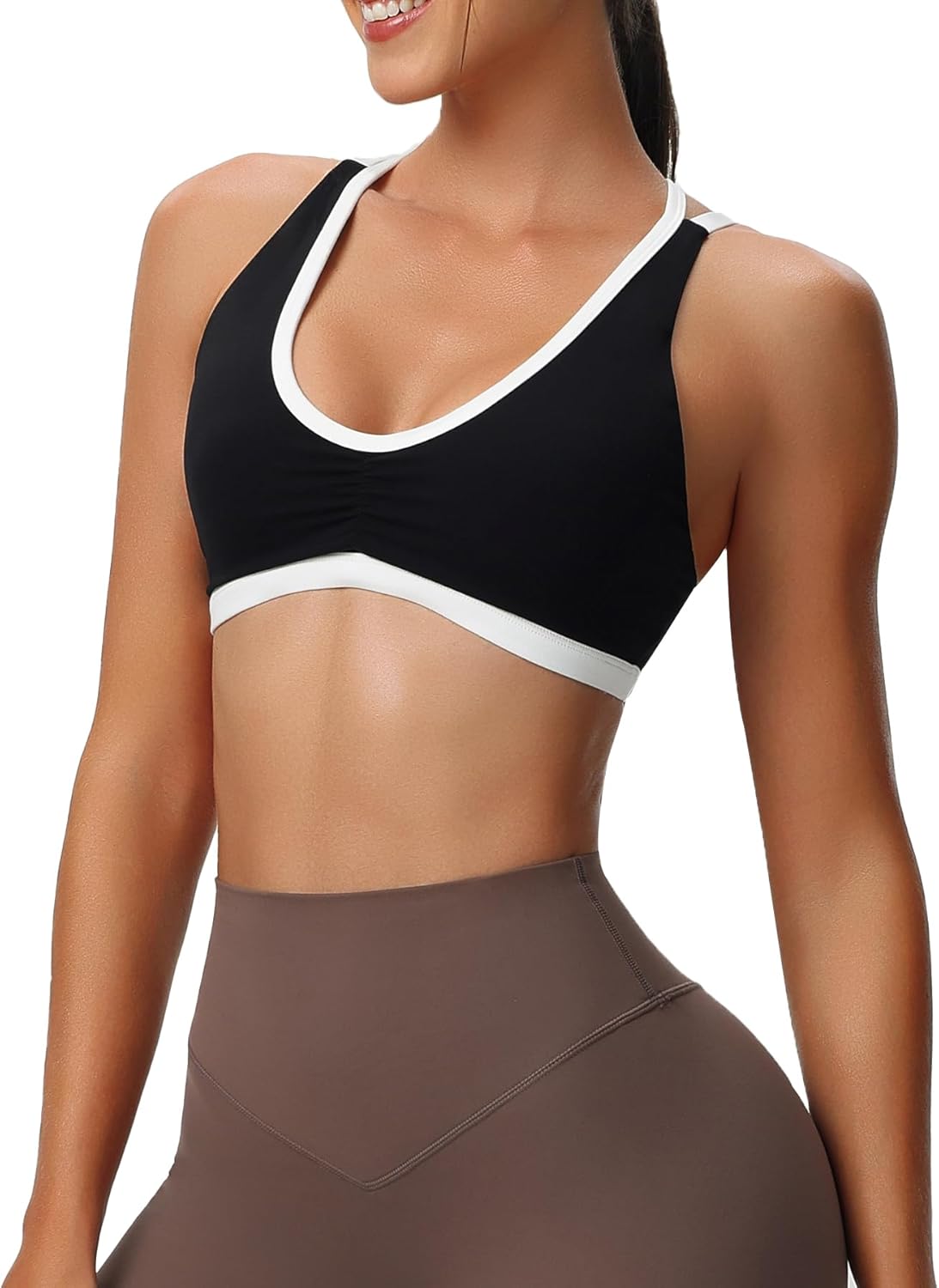 Aoxjox Womens Workout Sports Bras Fitness Backless Padded Rory Ruched Bra Yoga Crop Tank TopBlack and White