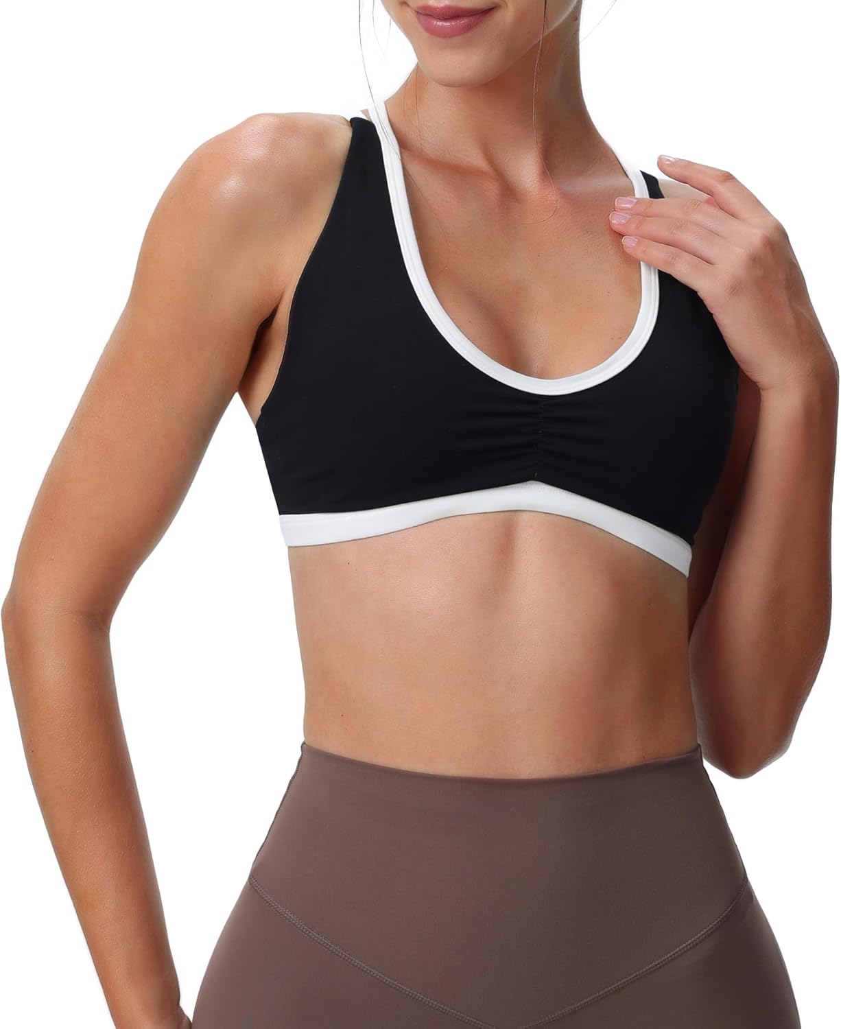 Aoxjox Womens Workout Sports Bras Fitness Backless Padded Rory Ruched Bra Yoga Crop Tank TopBlack and White