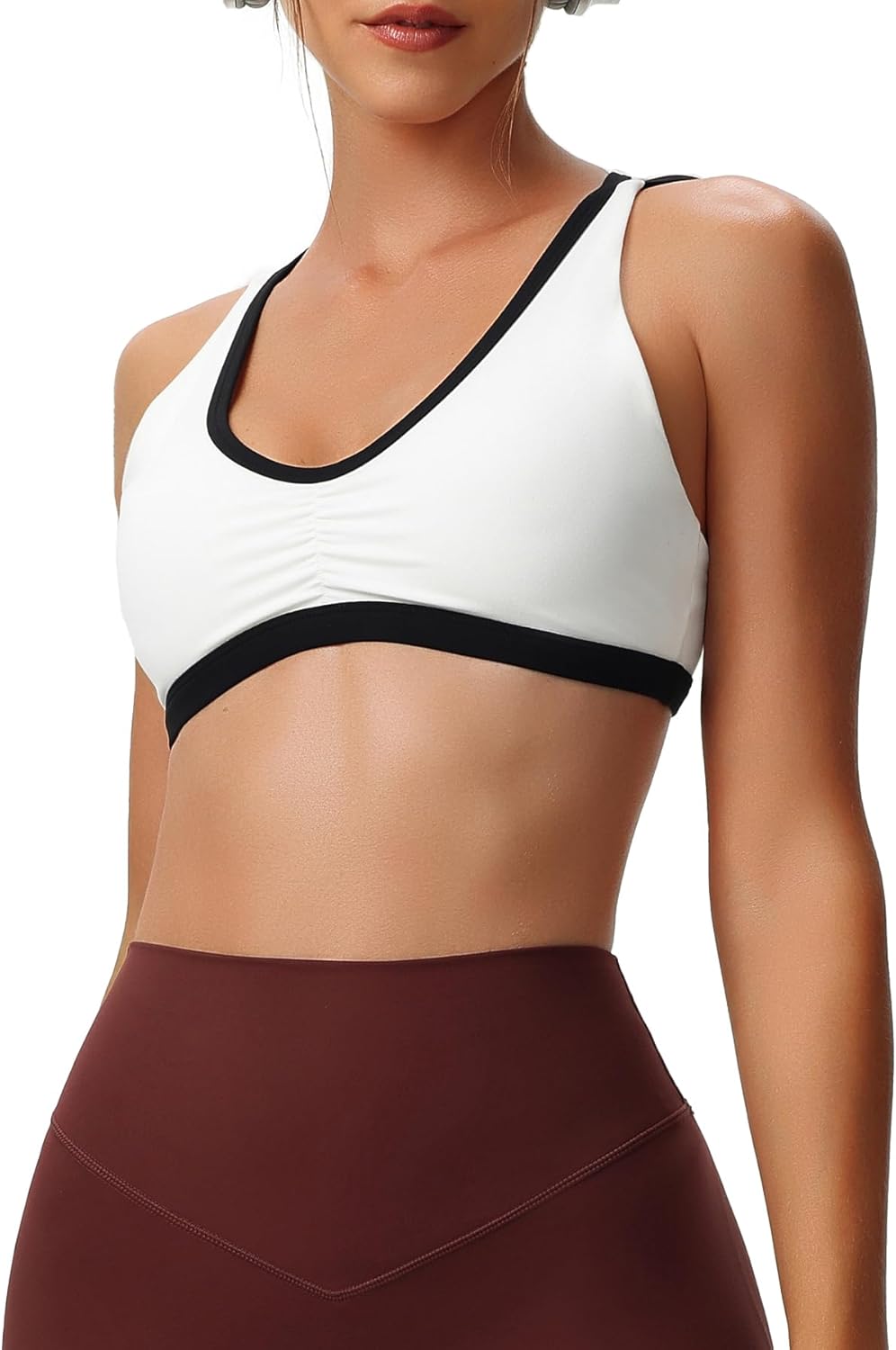 Aoxjox Womens Workout Sports Bras Fitness Backless Padded Rory Ruched Bra Yoga Crop Tank TopWhite and Black