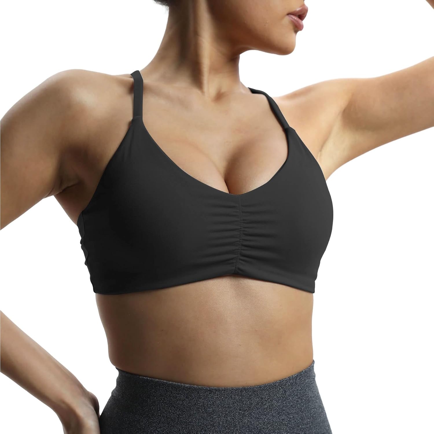 Aoxjox Womens Workout Sports Bras Fitness Molly Cross Back Ruched Padded Bra Yoga Crop Tank TopBlack