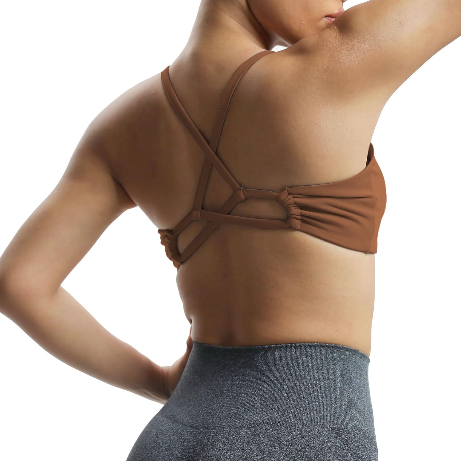 Aoxjox Womens Workout Sports Bras Fitness Molly Cross Back Ruched Padded Bra Yoga Crop Tank TopDandelion Brown