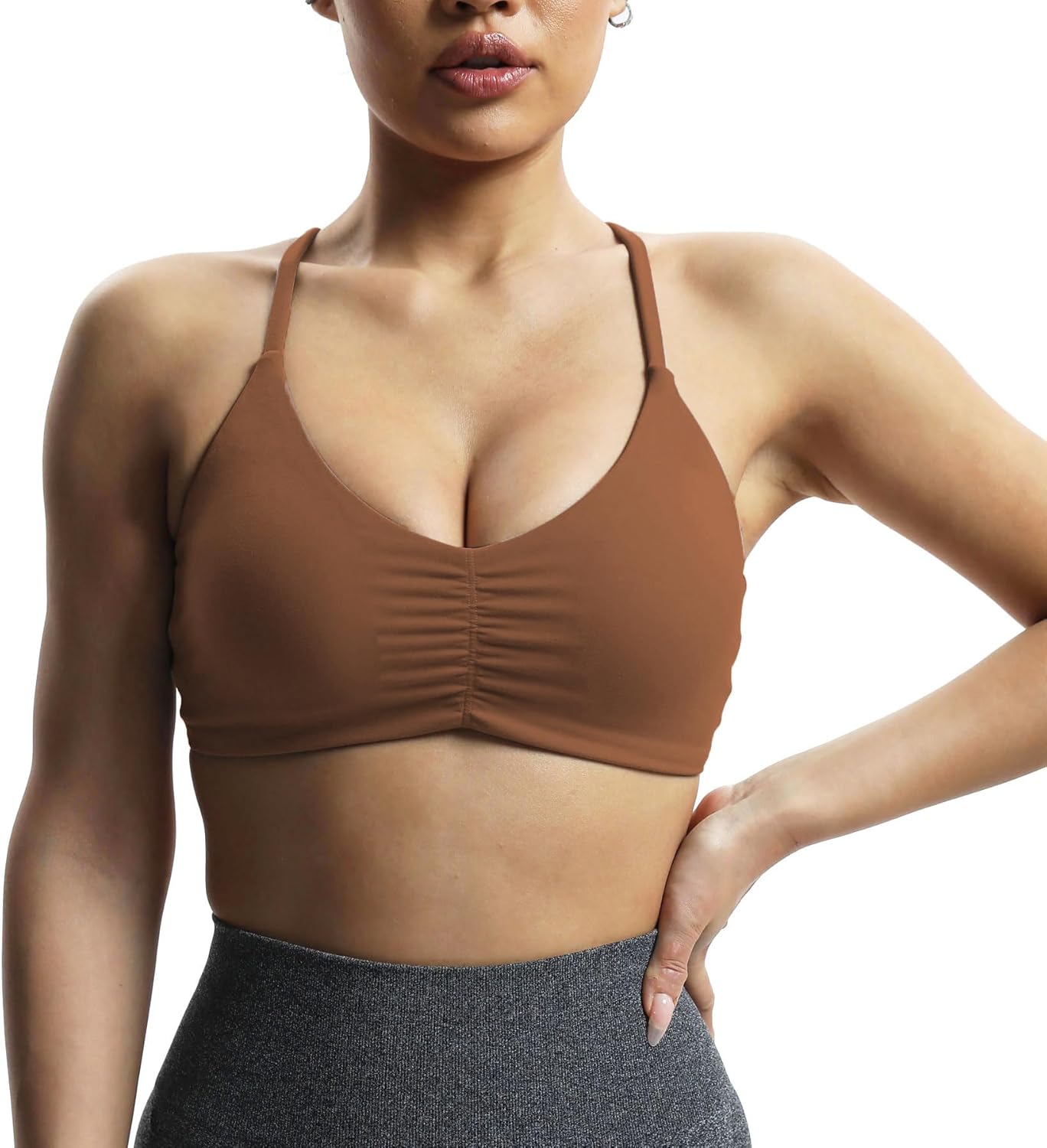 Aoxjox Womens Workout Sports Bras Fitness Molly Cross Back Ruched Padded Bra Yoga Crop Tank TopDandelion Brown