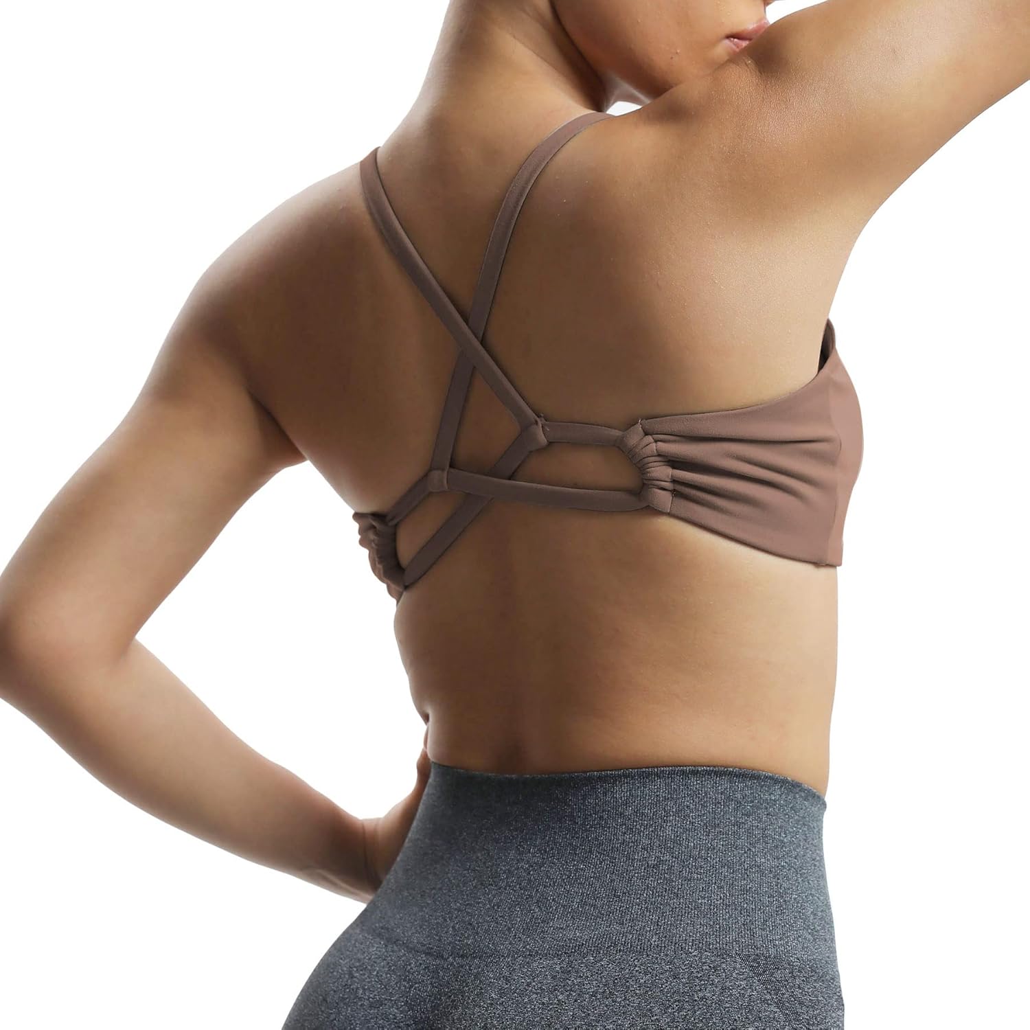 Aoxjox Womens Workout Sports Bras Fitness Molly Cross Back Ruched Padded Bra Yoga Crop Tank TopFudge Coffee