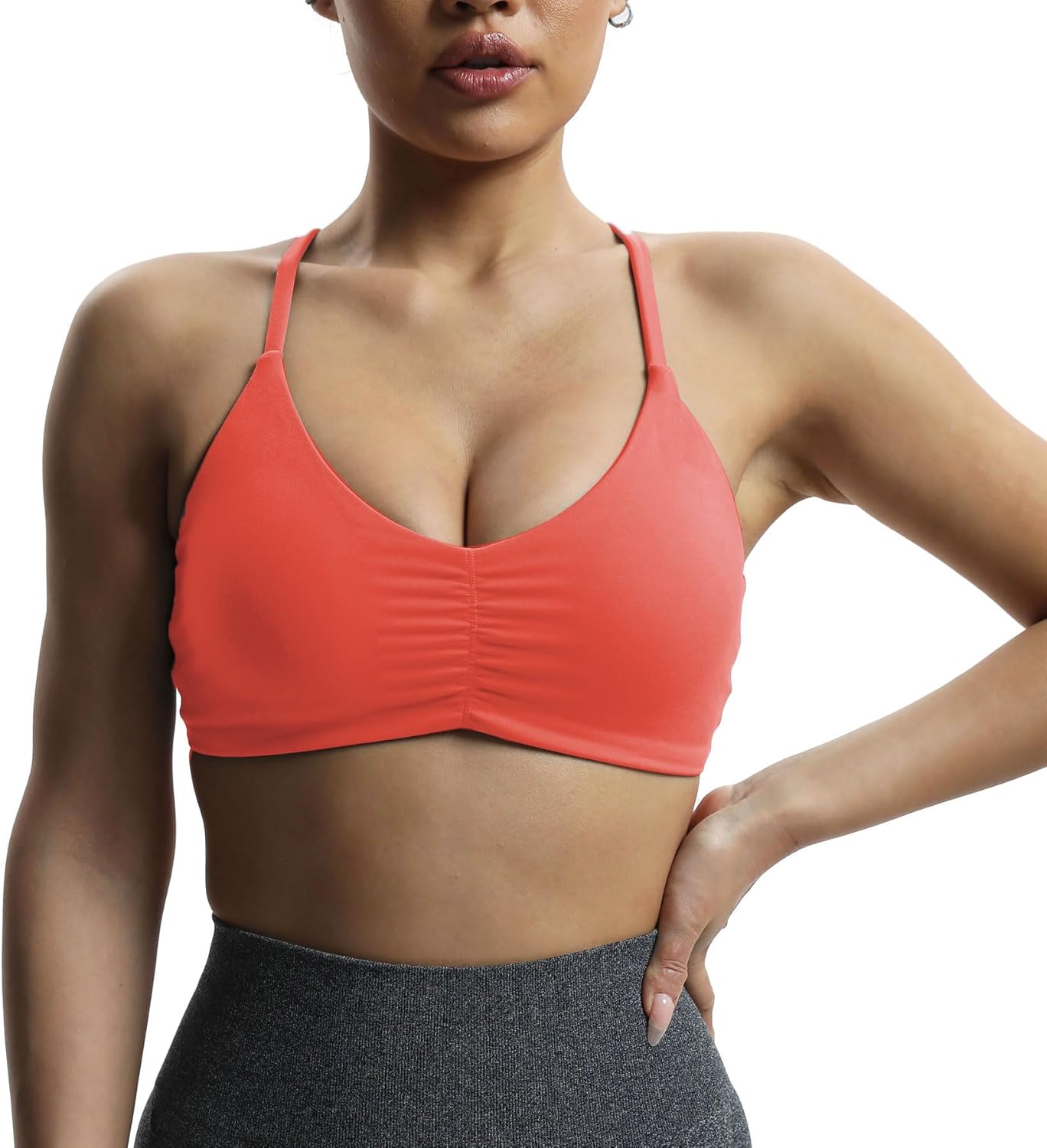 Aoxjox Womens Workout Sports Bras Fitness Molly Cross Back Ruched Padded Bra Yoga Crop Tank TopSpiced Coral
