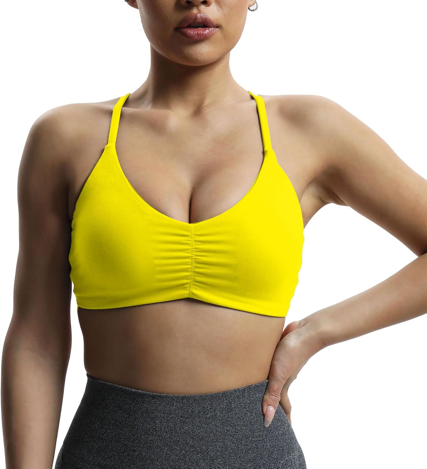 Aoxjox Womens Workout Sports Bras Fitness Molly Cross Back Ruched Padded Bra Yoga Crop Tank TopVibrant Yellow