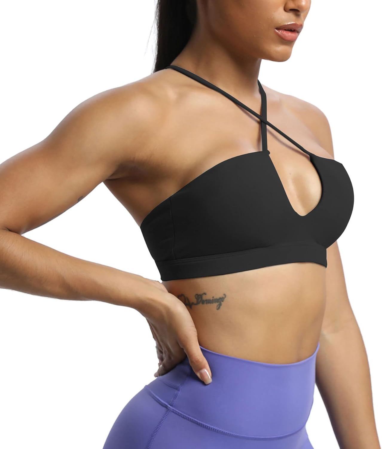 Aoxjox Womens Workout Sports Bras Jamie Deep V Fitness Backless Padded Training Gym Bra Yoga Crop Tank TopA Black