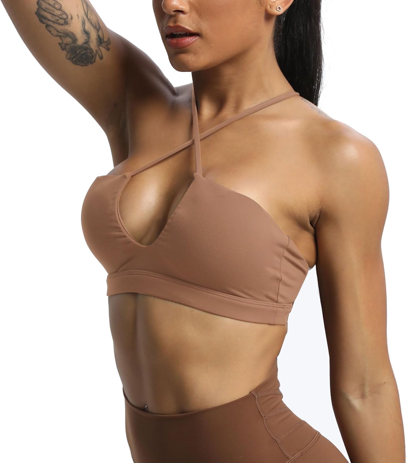Aoxjox Womens Workout Sports Bras Jamie Deep V Fitness Backless Padded Training Gym Bra Yoga Crop Tank TopBrownie