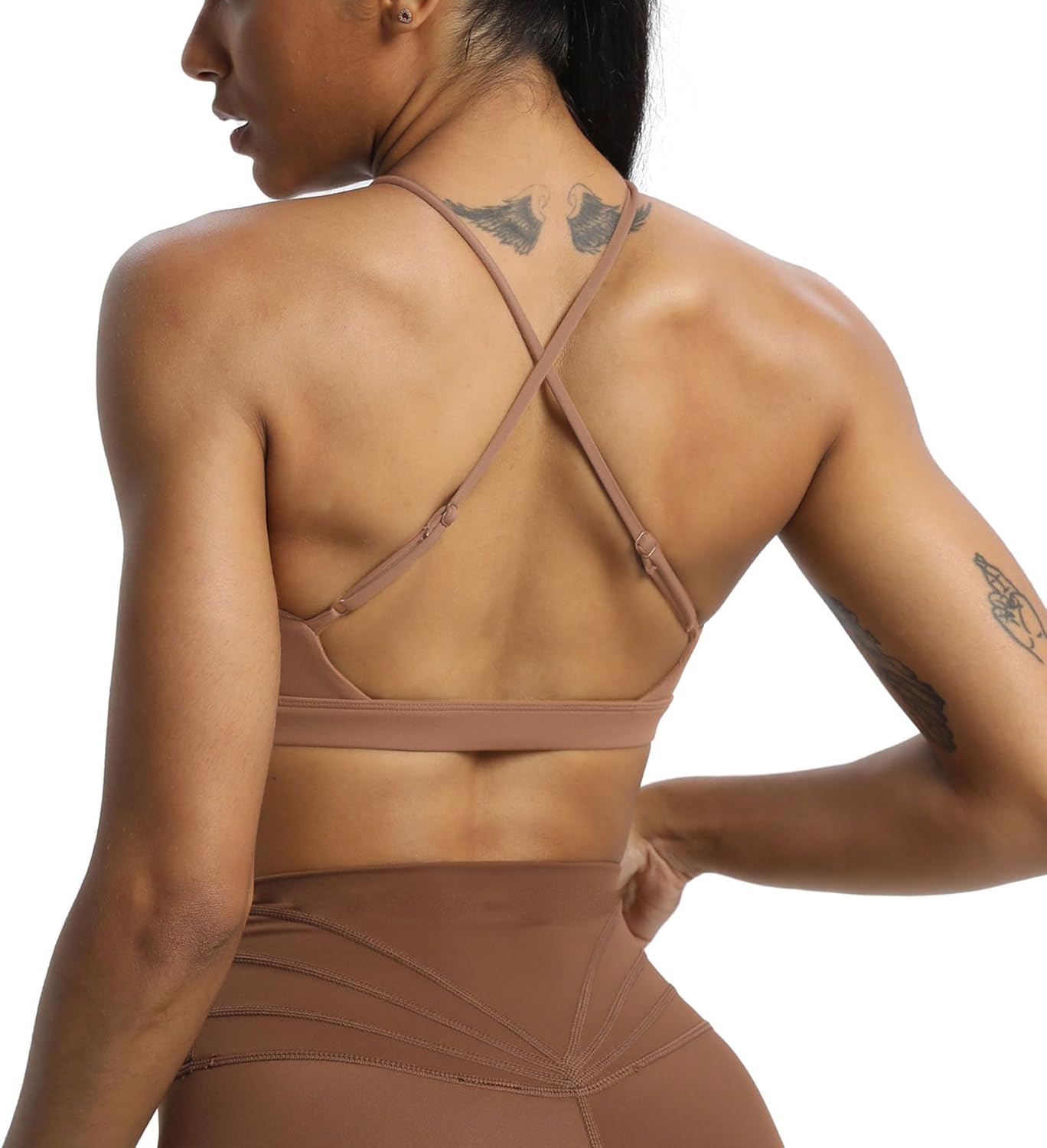 Aoxjox Womens Workout Sports Bras Jamie Deep V Fitness Backless Padded Training Gym Bra Yoga Crop Tank TopBrownie