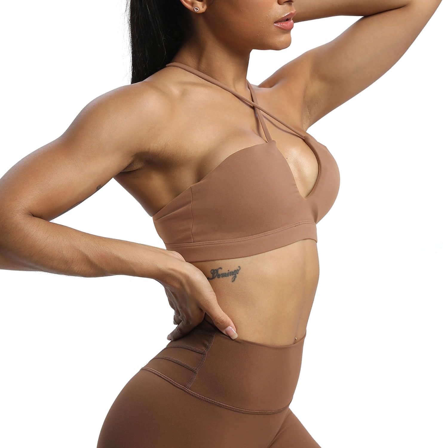 Aoxjox Womens Workout Sports Bras Jamie Deep V Fitness Backless Padded Training Gym Bra Yoga Crop Tank TopBrownie