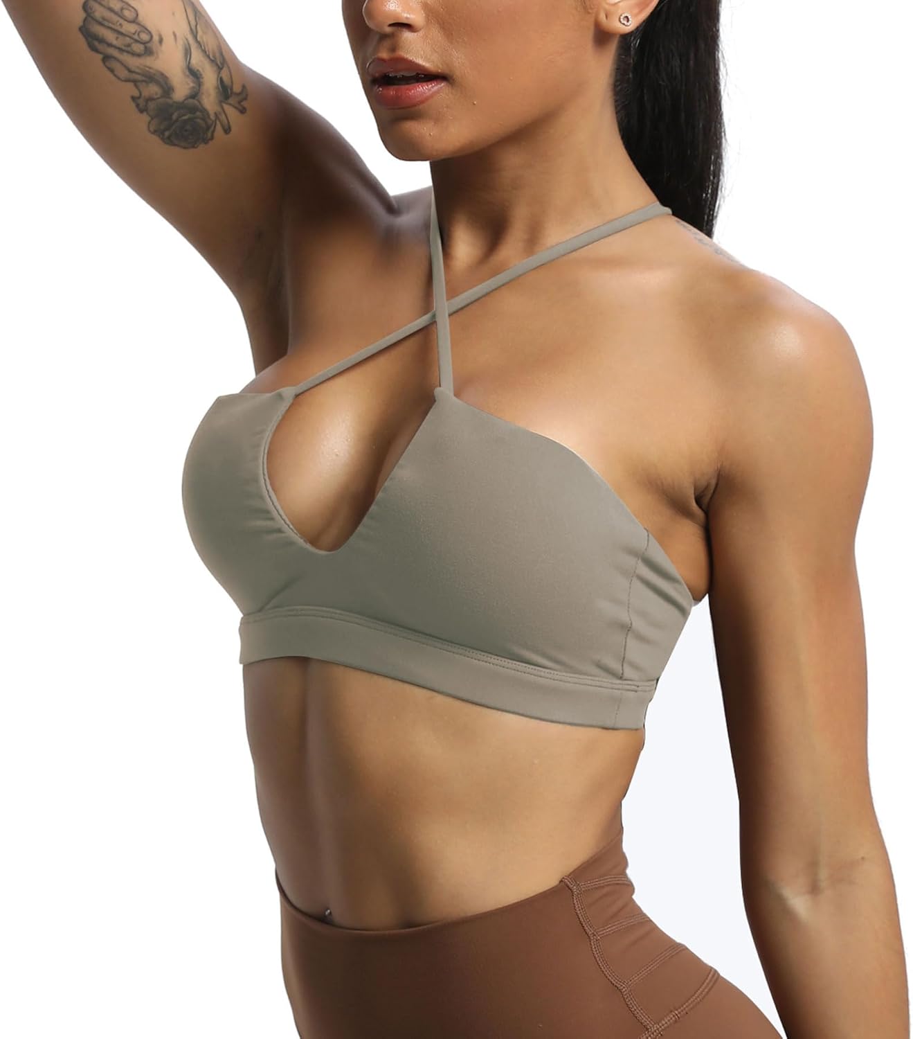 Aoxjox Womens Workout Sports Bras Jamie Deep V Fitness Backless Padded Training Gym Bra Yoga Crop Tank TopDriftwood