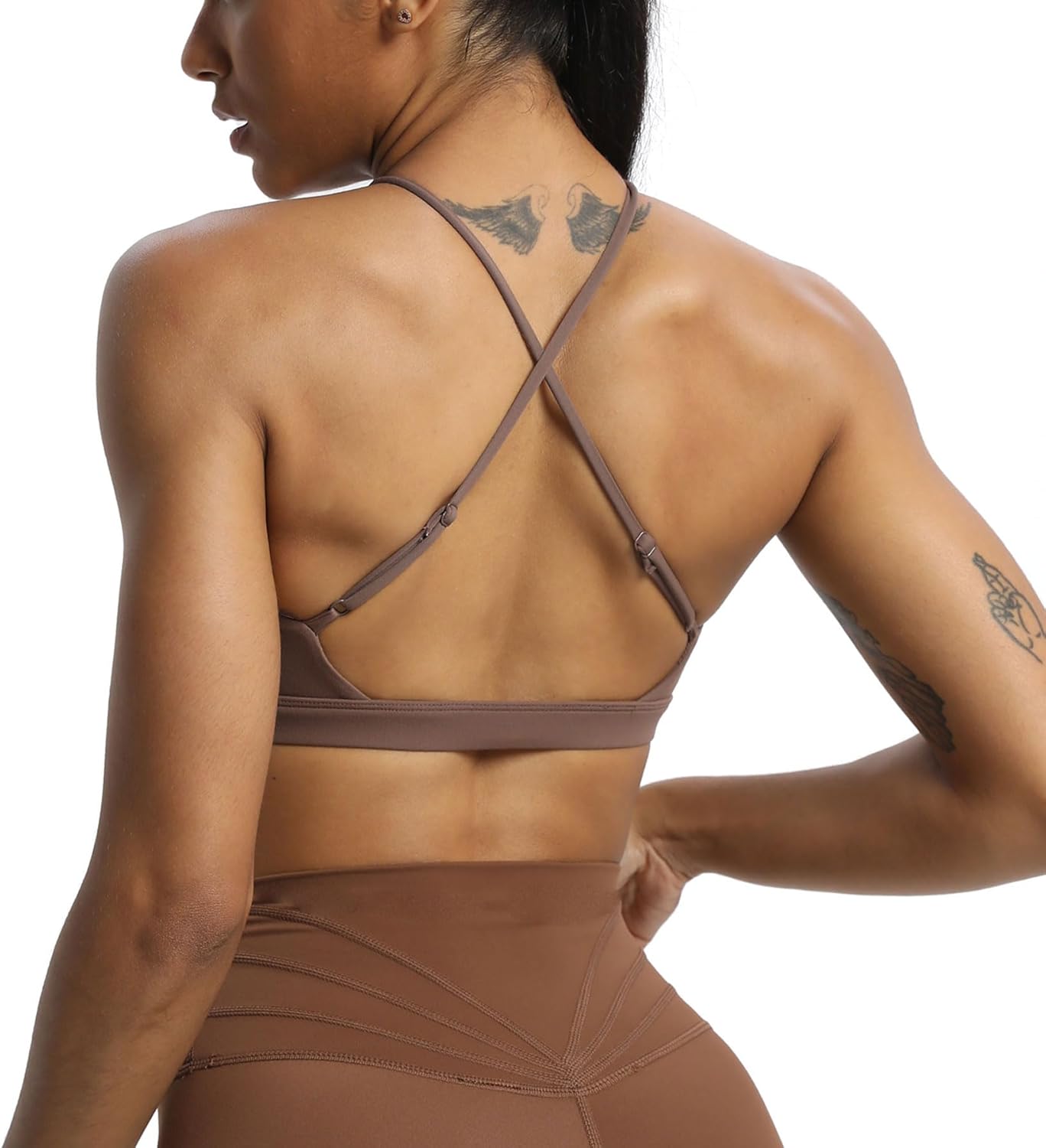Aoxjox Womens Workout Sports Bras Jamie Deep V Fitness Backless Padded Training Gym Bra Yoga Crop Tank TopFudge Coffee