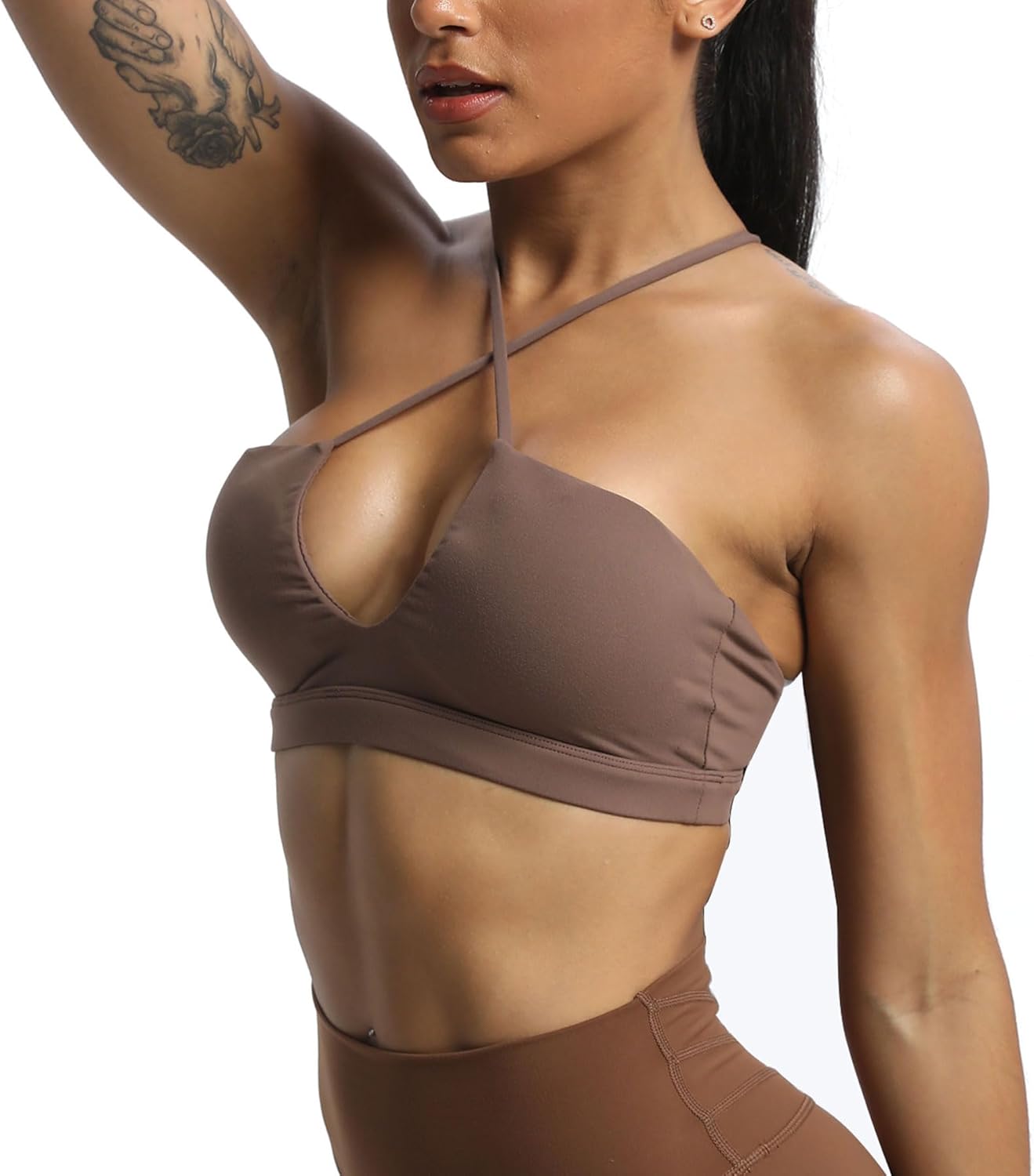 Aoxjox Womens Workout Sports Bras Jamie Deep V Fitness Backless Padded Training Gym Bra Yoga Crop Tank TopFudge Coffee