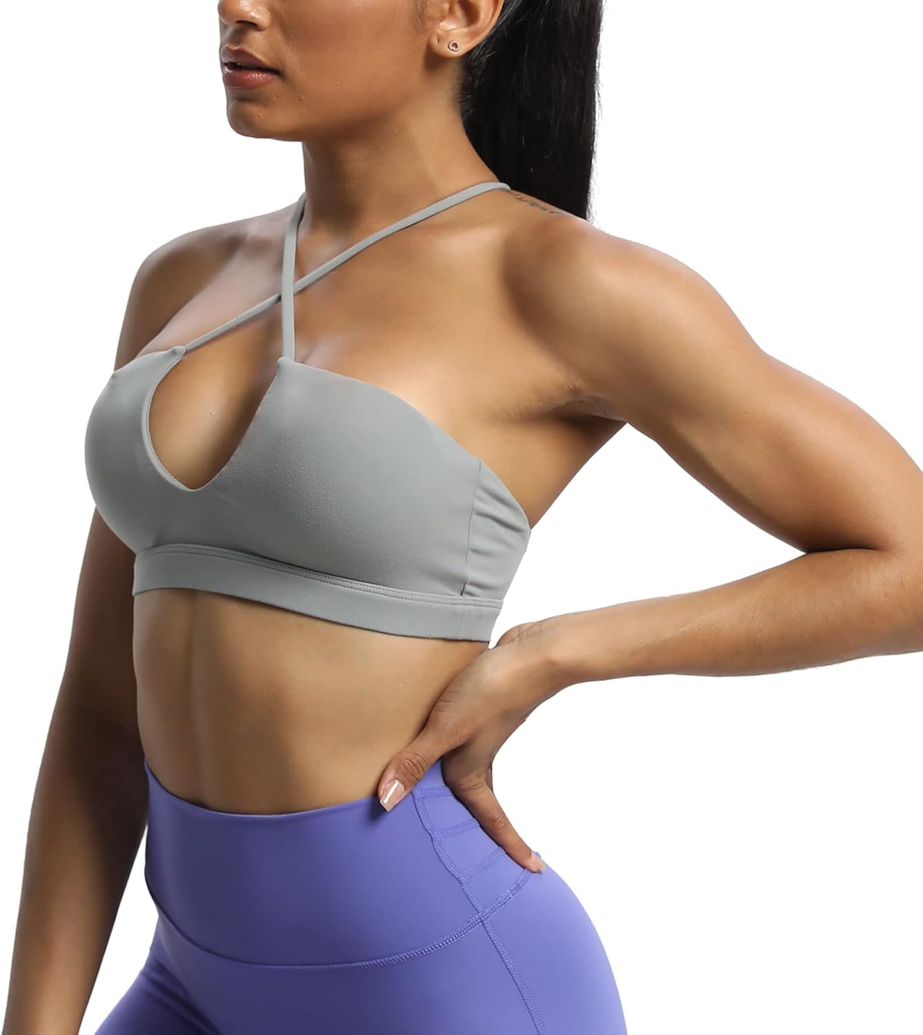 Aoxjox Womens Workout Sports Bras Jamie Deep V Fitness Backless Padded Training Gym Bra Yoga Crop Tank TopGrey