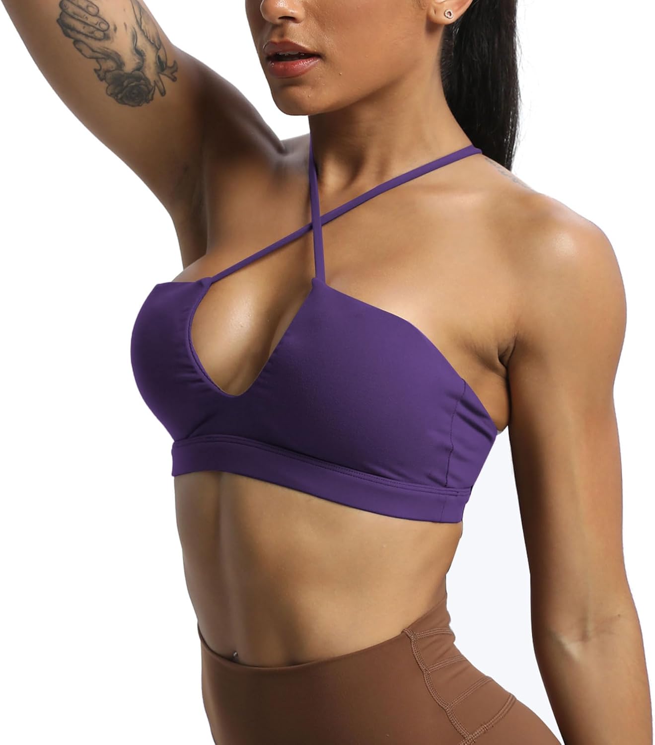 Aoxjox Womens Workout Sports Bras Jamie Deep V Fitness Backless Padded Training Gym Bra Yoga Crop Tank TopMulberry Purple