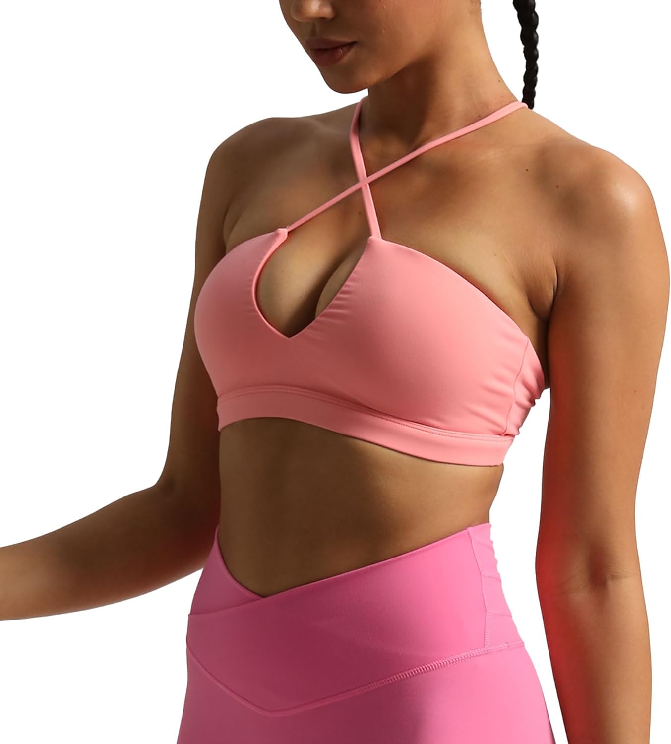 Aoxjox Womens Workout Sports Bras Jamie Deep V Fitness Backless Padded Training Gym Bra Yoga Crop Tank TopSalmon Rose