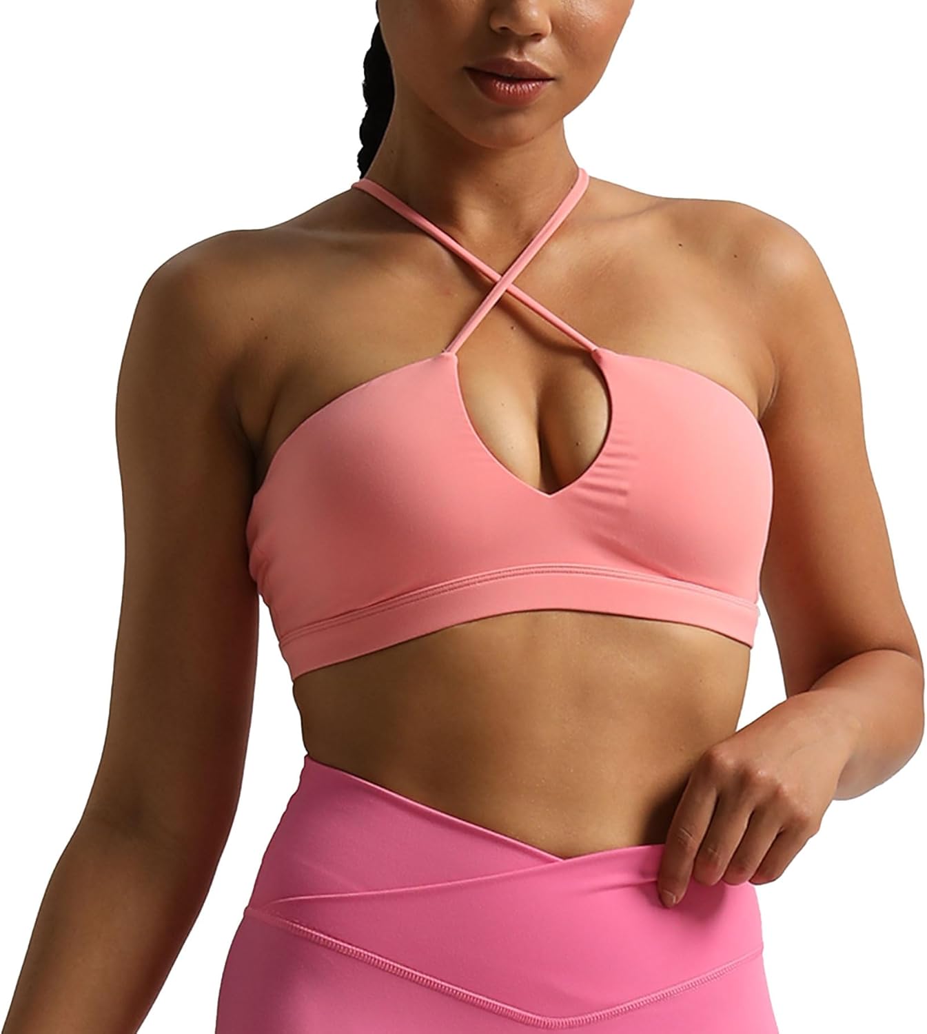 Aoxjox Womens Workout Sports Bras Jamie Deep V Fitness Backless Padded Training Gym Bra Yoga Crop Tank TopSalmon Rose