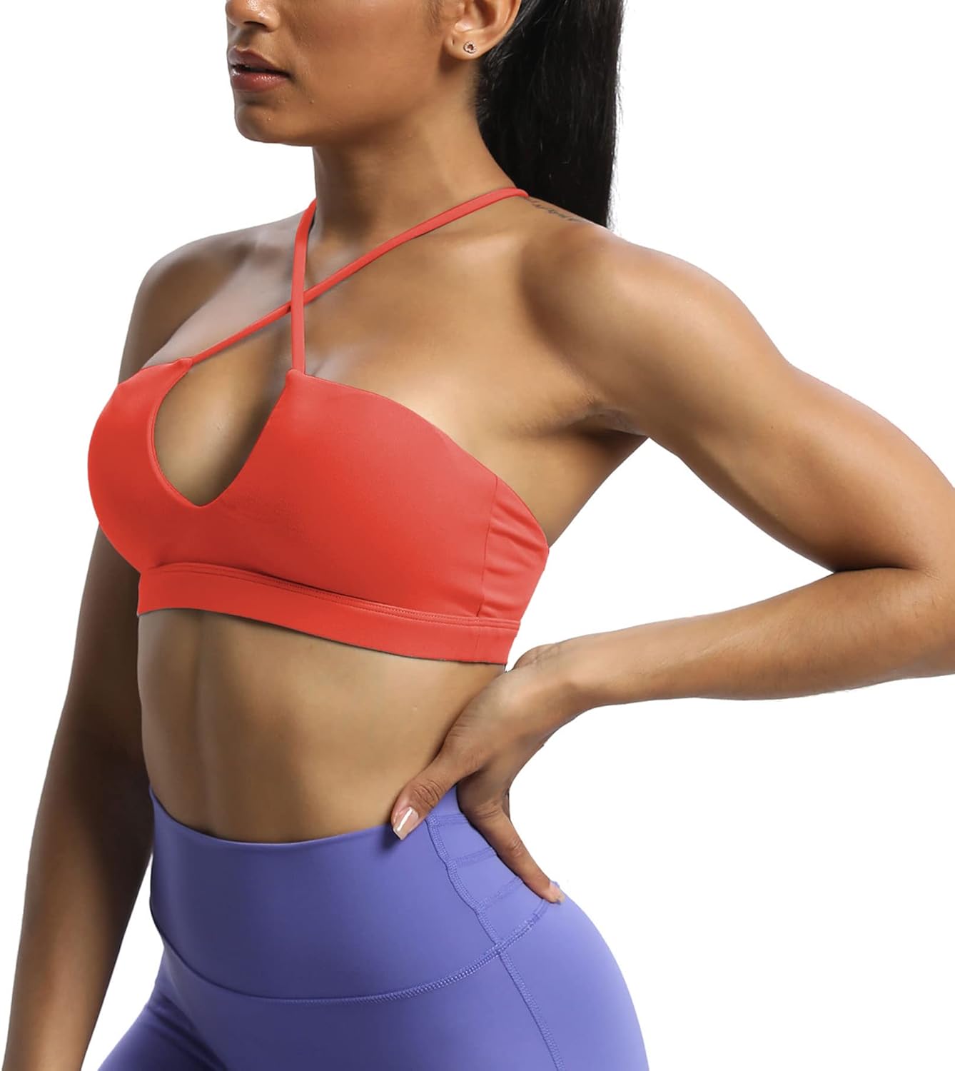 Aoxjox Womens Workout Sports Bras Jamie Deep V Fitness Backless Padded Training Gym Bra Yoga Crop Tank TopSpiced Coral