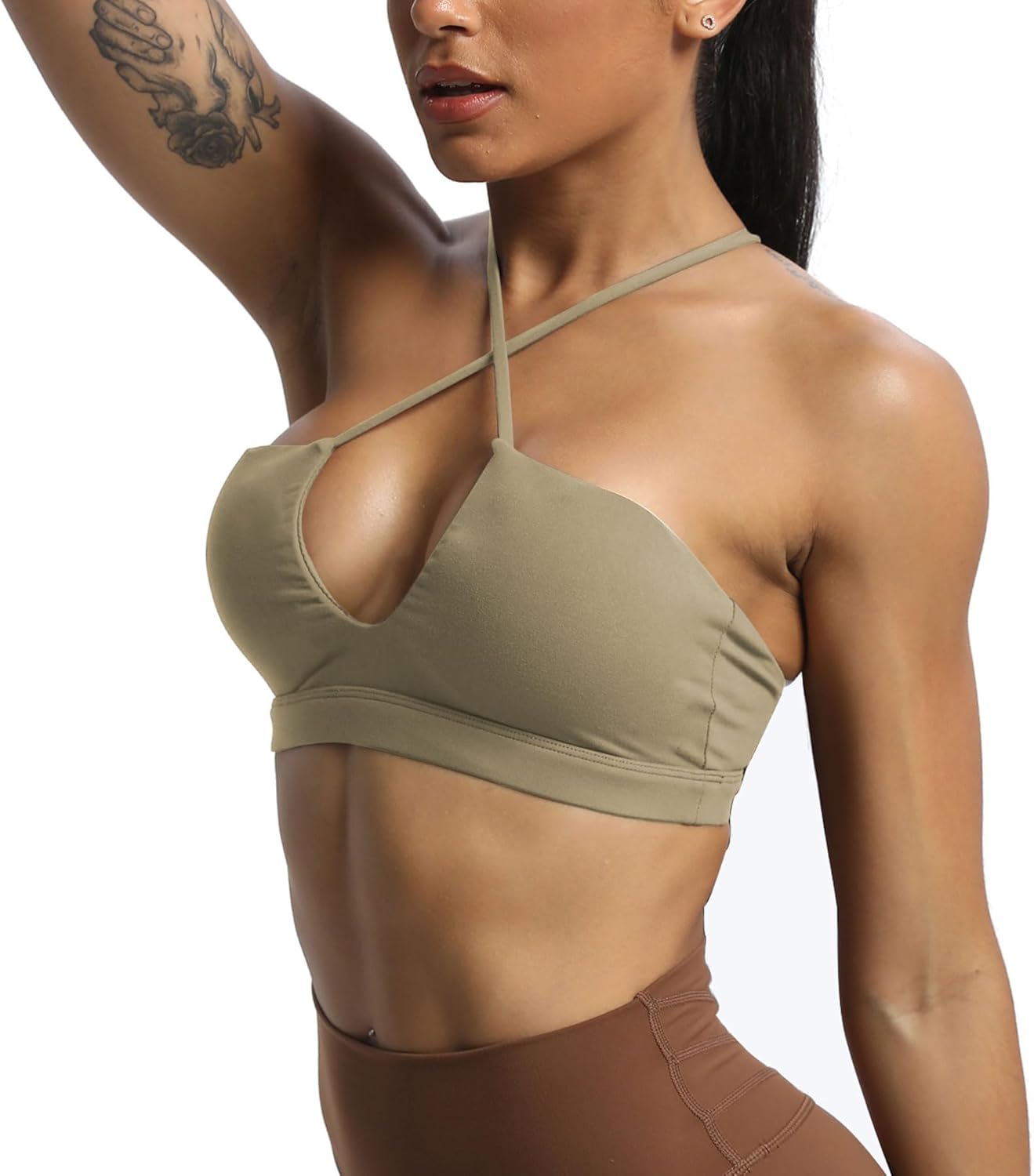 Aoxjox Womens Workout Sports Bras Jamie Deep V Fitness Backless Padded Training Gym Bra Yoga Crop Tank TopTaupe