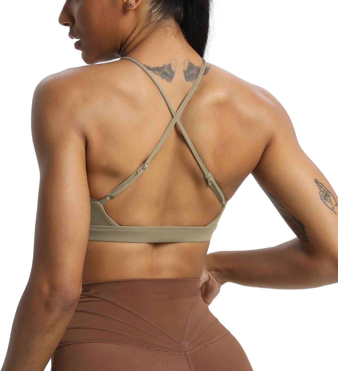 Aoxjox Womens Workout Sports Bras Jamie Deep V Fitness Backless Padded Training Gym Bra Yoga Crop Tank TopTaupe