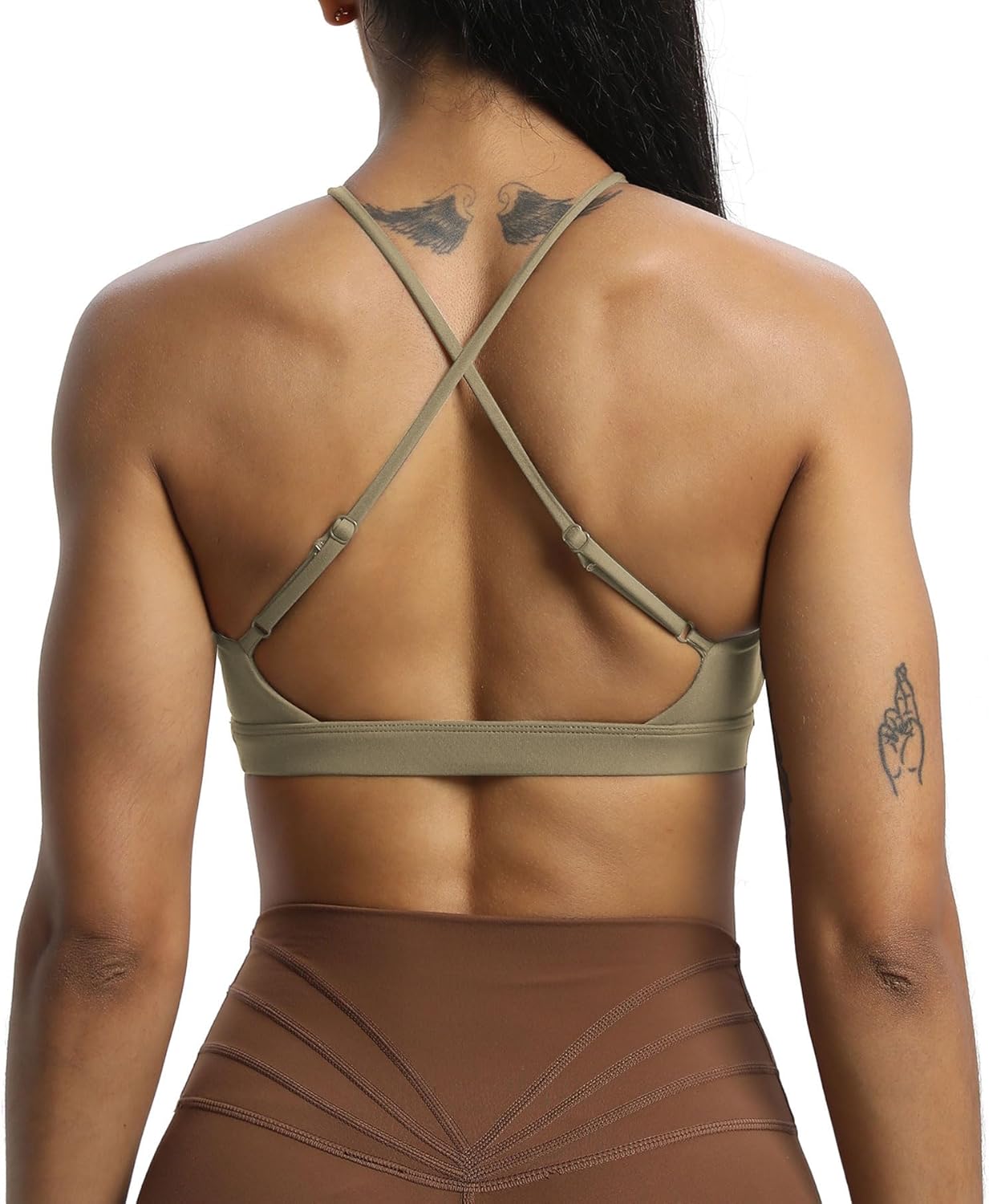 Aoxjox Womens Workout Sports Bras Jamie Deep V Fitness Backless Padded Training Gym Bra Yoga Crop Tank TopTaupe