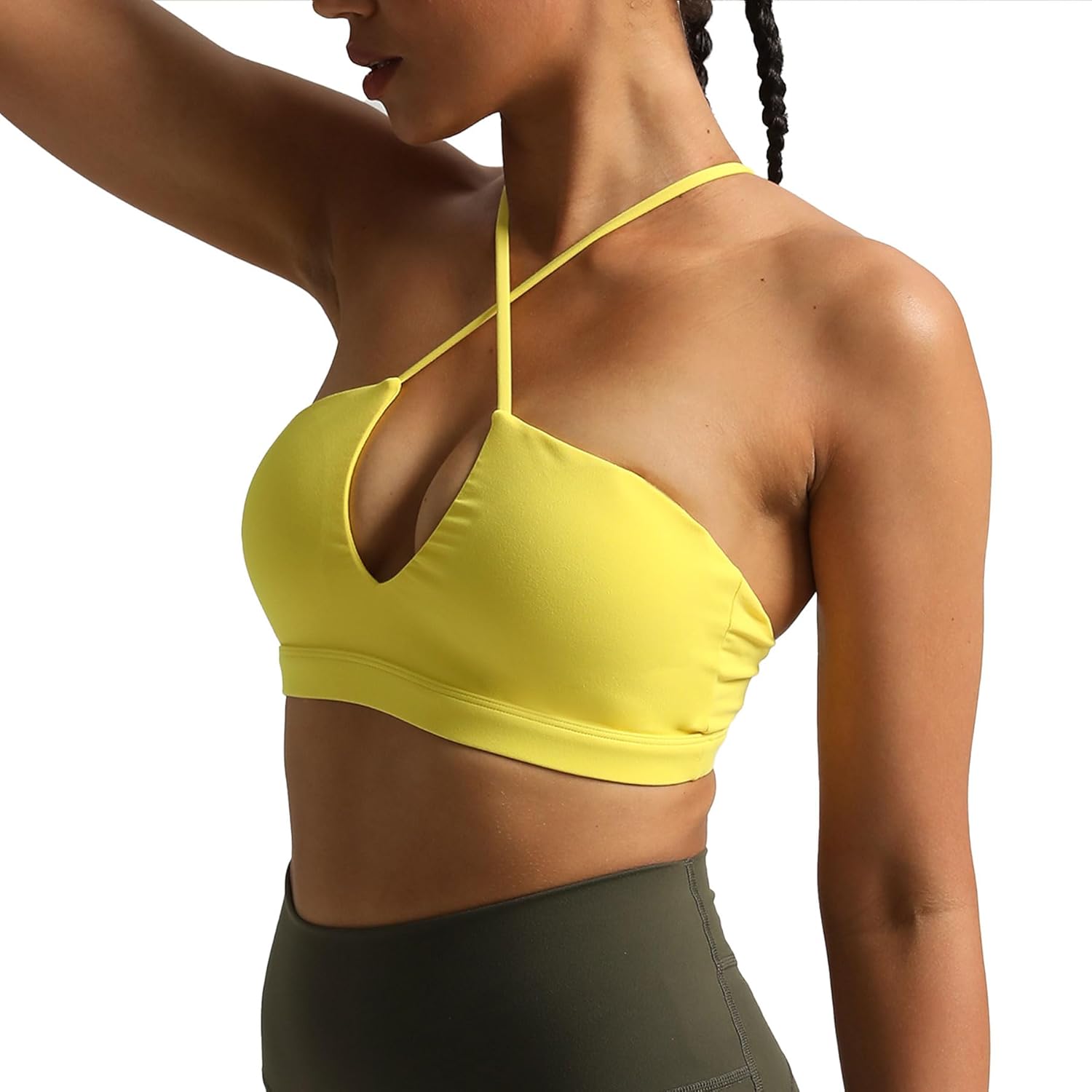 Aoxjox Womens Workout Sports Bras Jamie Deep V Fitness Backless Padded Training Gym Bra Yoga Crop Tank TopVibrant Yellow