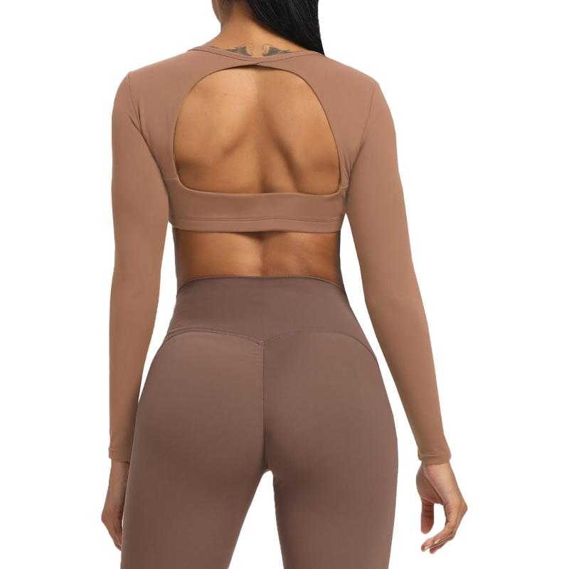 Aoxjox Long Sleeve Crop Tops for Women Clarissa Backless Workout Crop T Shirt TopBrownie