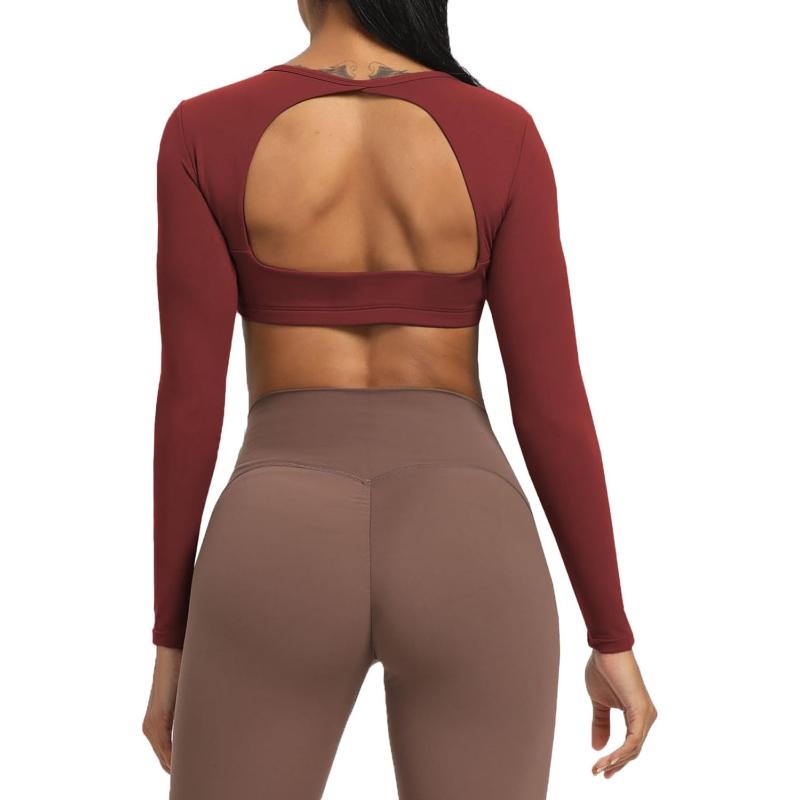 Aoxjox Long Sleeve Crop Tops for Women Clarissa Backless Workout Crop T Shirt TopBurgundy Reddish Brown