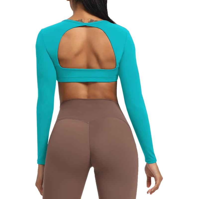 Aoxjox Long Sleeve Crop Tops for Women Clarissa Backless Workout Crop T Shirt TopCascade Blue
