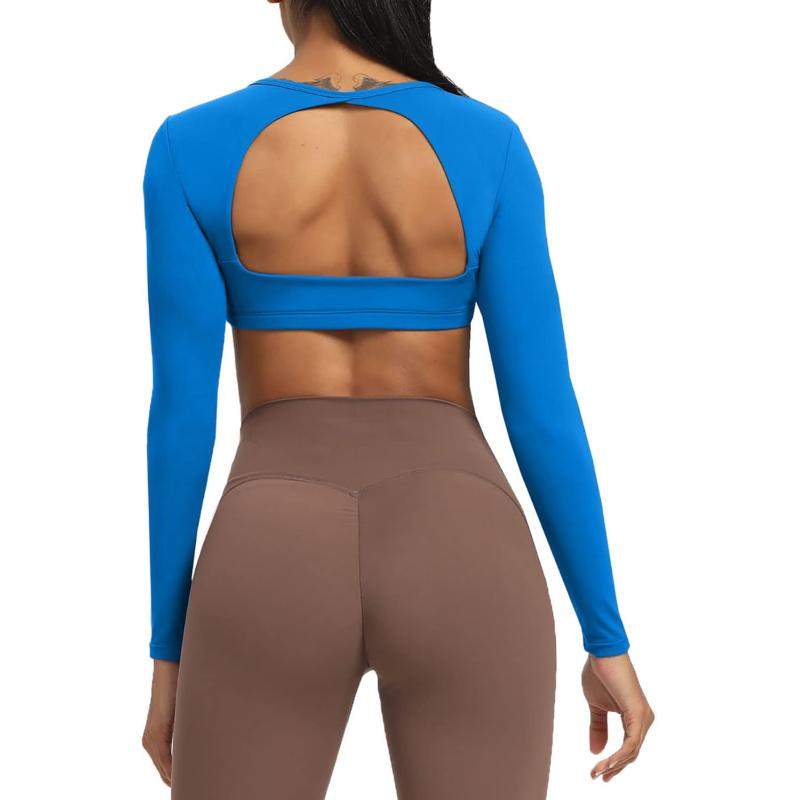 Aoxjox Long Sleeve Crop Tops for Women Clarissa Backless Workout Crop T Shirt TopDirectoire Blue
